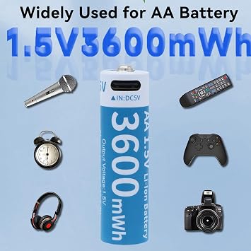 Rechargeable Lithium Battery AA - 4 Pack 1.5V 3600mWh AA Rechargeable Batteries with 4-in-1 USB C 1-Hour Fast Charging Cable for Xbox Controller, Cameras (4 Pack AA 3600mWh)