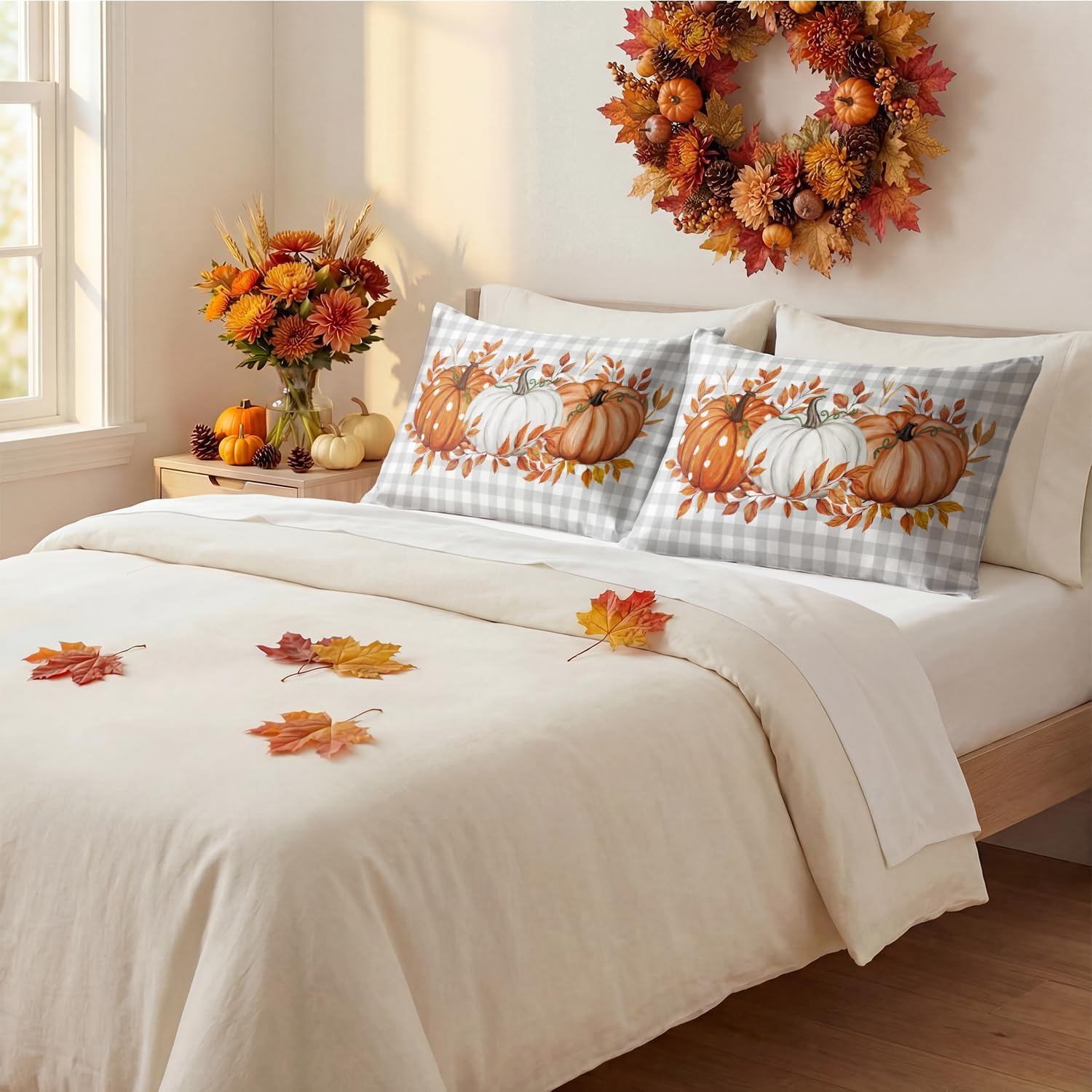 Horaldaily Fall Plaid Pumpkin Leaves Standard Size Satin Pillowcases 2PCS