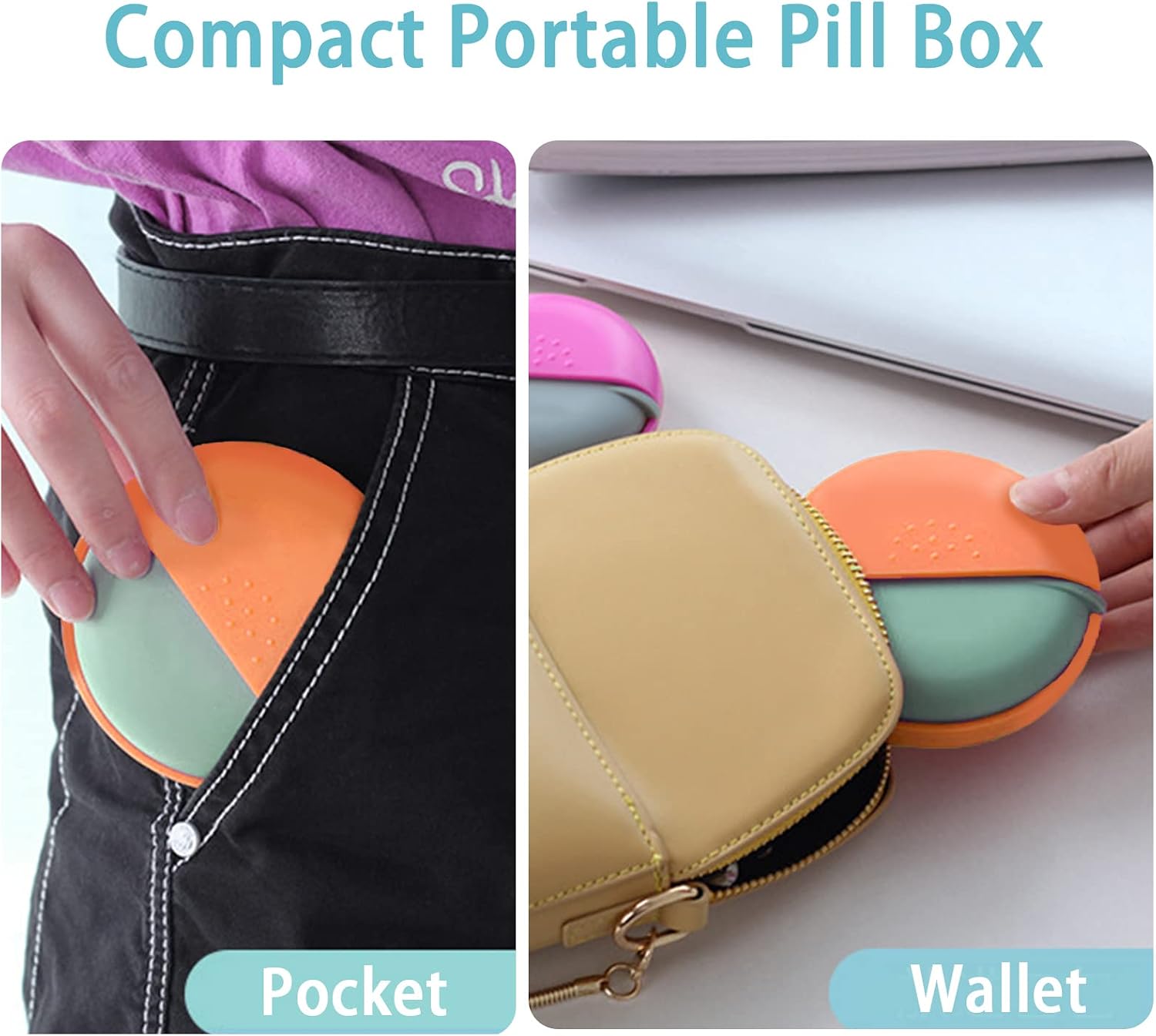 Pill Cases Travel Pill Organizer Portable Small Pill Box for Purse Cute Round Medicine Container for Pills Fish Oil Vitamine Supplements (Orange+Bag)