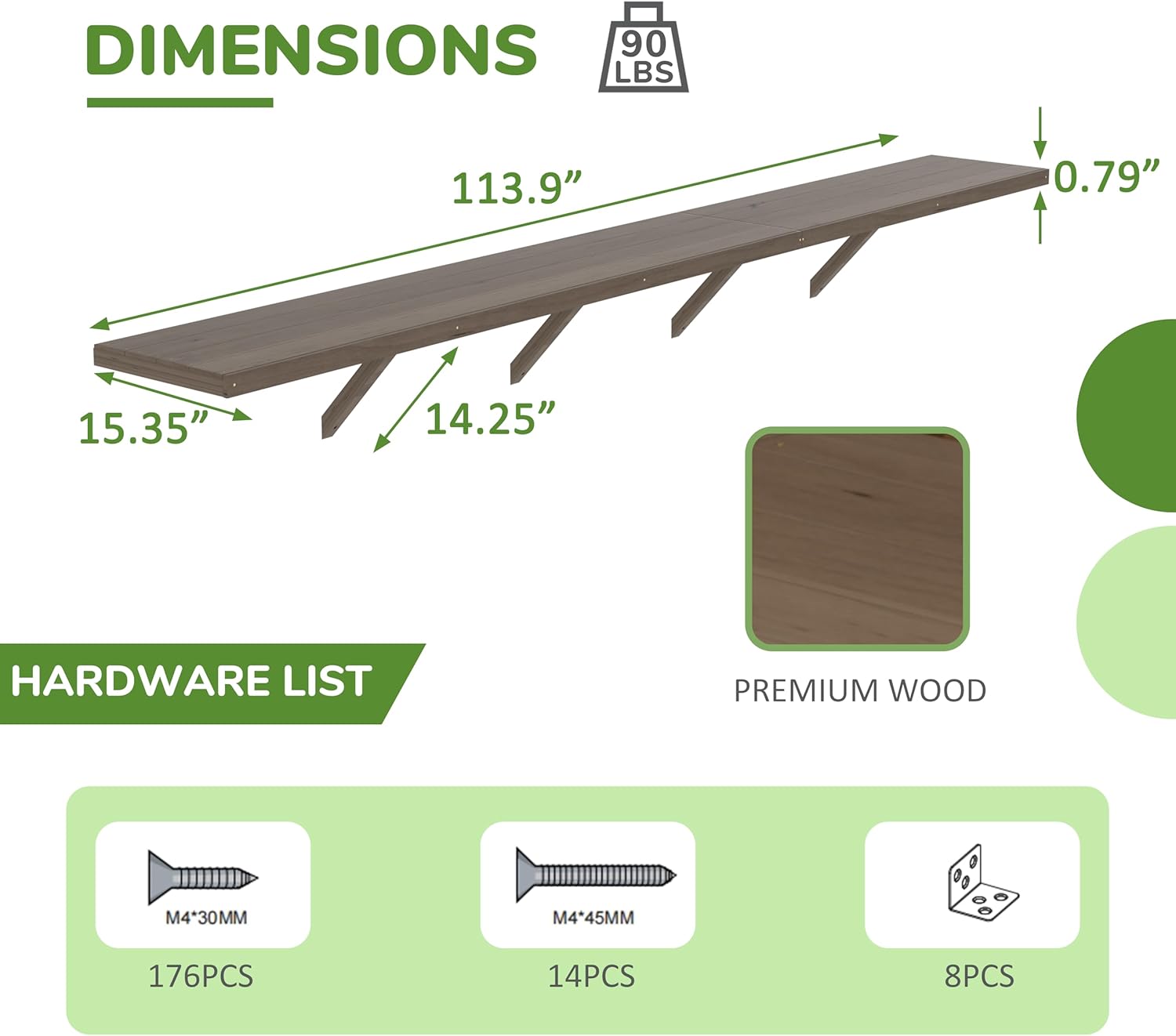 Shelf Suitable for 10FT Wood Greenhouse, 114" Wooden Storage Shelf Kit Fit Multiple Greenhouse , Horticulture Workstation, Work Bench System Shelving, Light Mocha Brown, 2 Pack