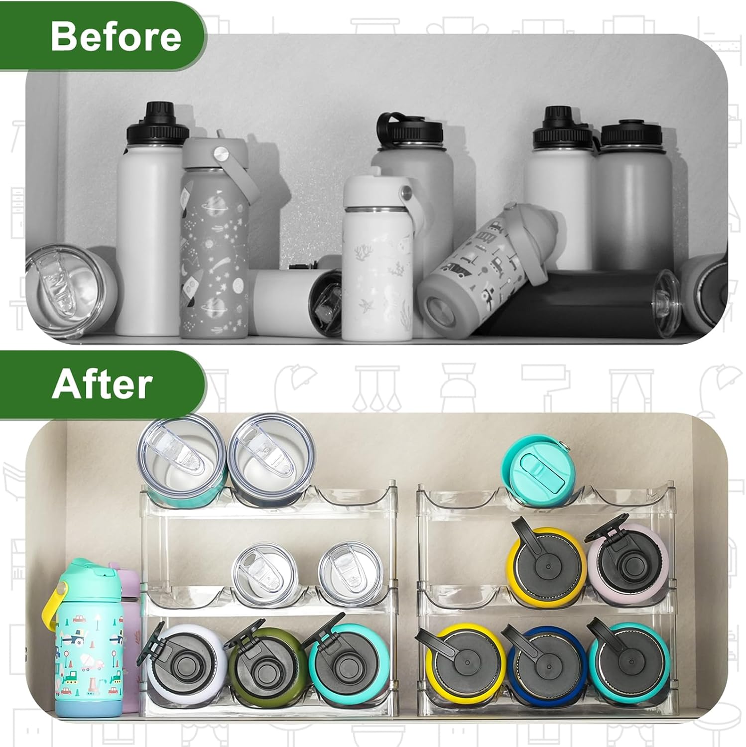 Water Bottle Organizer - 6 Pack Stackable Water Bottle Storage Rack, Water Bottle Organizer for Cabinet, Kitchen Pantry, Fridge, Tumbler Travel Cup Organizer Holder, Plastic Wine/Drink Rack