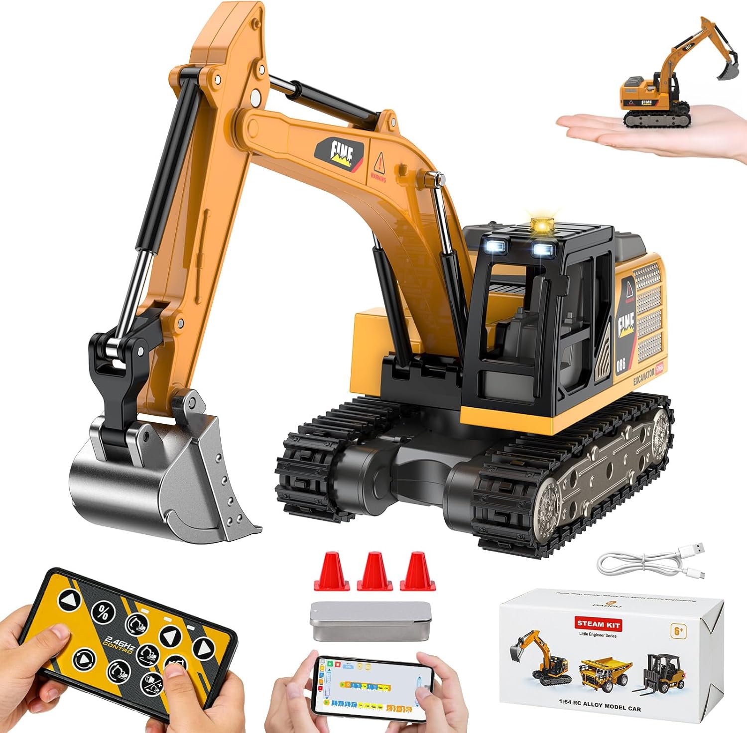 Remote Control Excavator Toy,1:64 mini RC Construction Vehicle Toys, STEM Tools for Learning Programming for Boys 3 4 5 6 7 8-12 Year Old Kids Christmas Birthday Gift (mini Excavator)