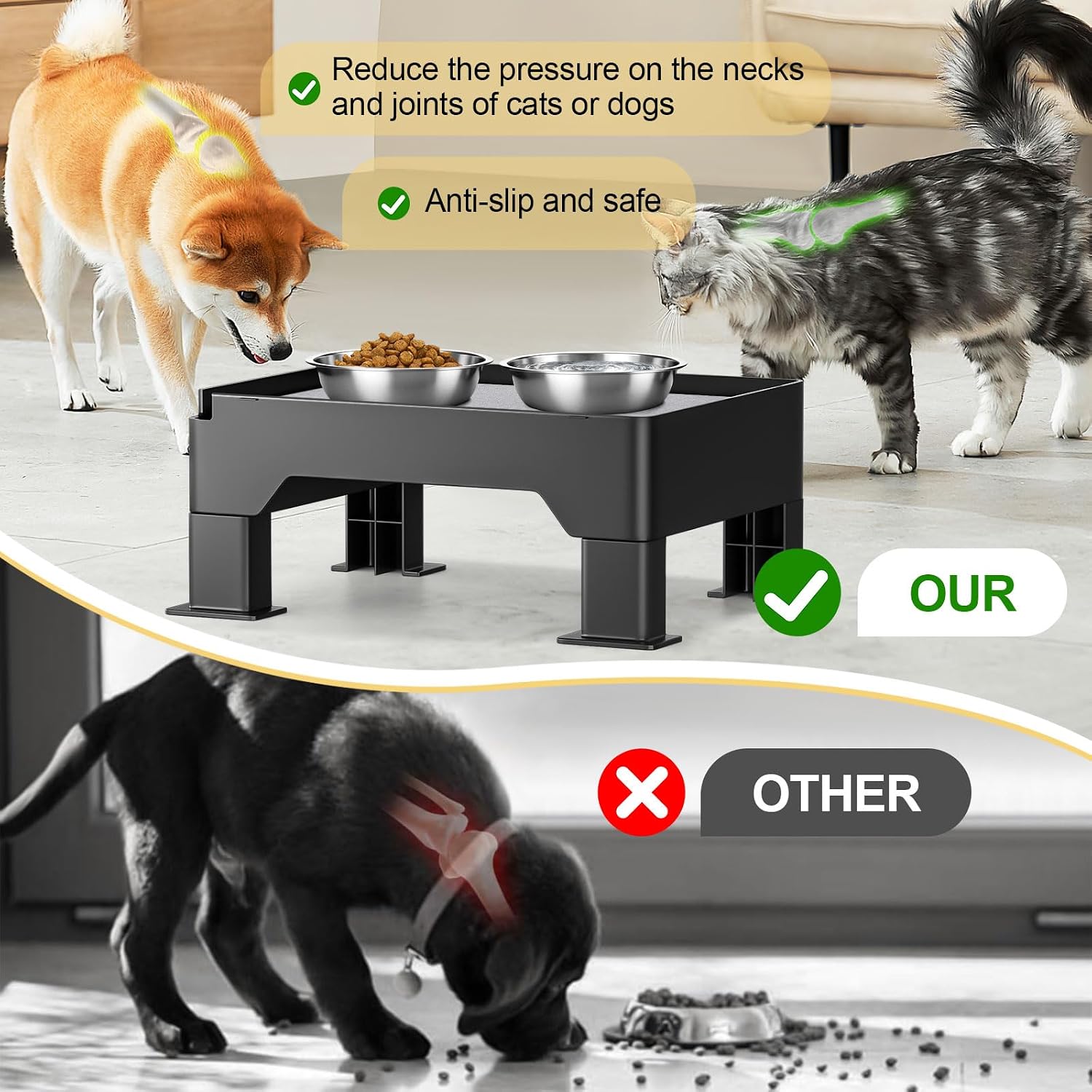 Elevated Dog Bowl Stand with Diatomite Mat, Adjustable Dog Bowls Elevated with Non-Skid Feet, Fits Most Dog Bowls & Automatic Feeders, Absorb Spills for Dogs & Cats to Keep the Bowl Area Clean