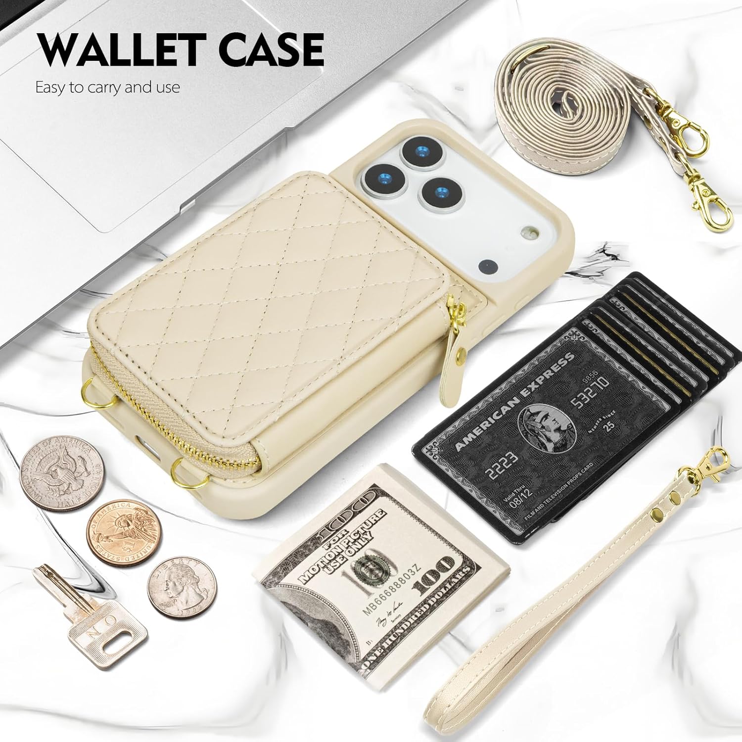 SkyEagle Compatible with iPhone 17 Pro Max Wallet Case Women,RFID Blocking Crossbody Phone Purse Case PU Leather Zipper Handbag Wrist Strap Cover Credit Card Holder,for Apple 17 Pro Max,Beige