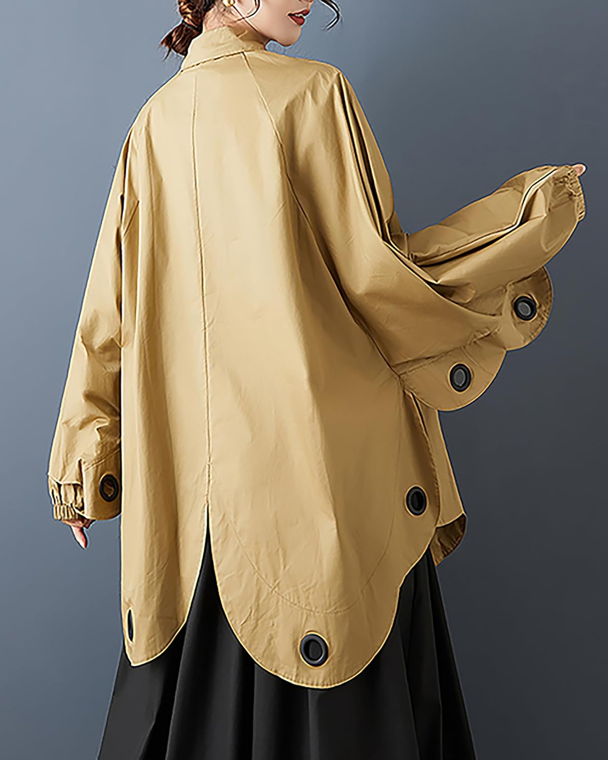 ellazhu Women's Shirt Coat Lapel Button Down Long Lantern Sleeve Solid Irregular Hem Plus Size GZ700 A