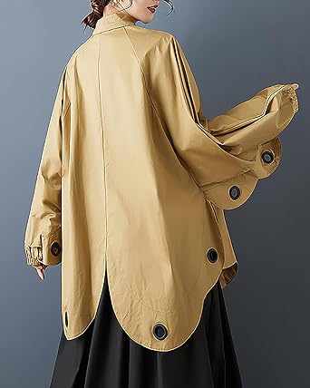 ellazhu Women's Shirt Coat Lapel Button Down Long Lantern Sleeve Solid Irregular Hem Plus Size GZ700 A