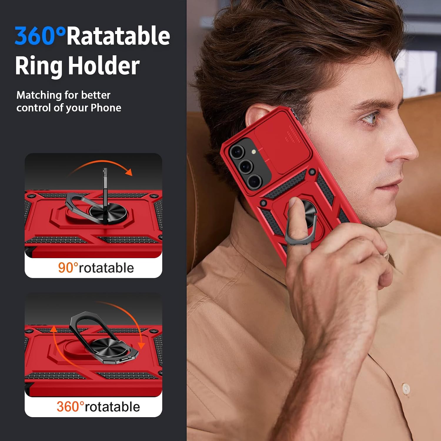 for Samsung Galaxy S24 FE Case with Camera Lens Cover, HD Screen Protector, 10 FT Military Grade Drop Protection, Magnetic Ring Holder Kickstand Protective Phone Case, Red thumbnail