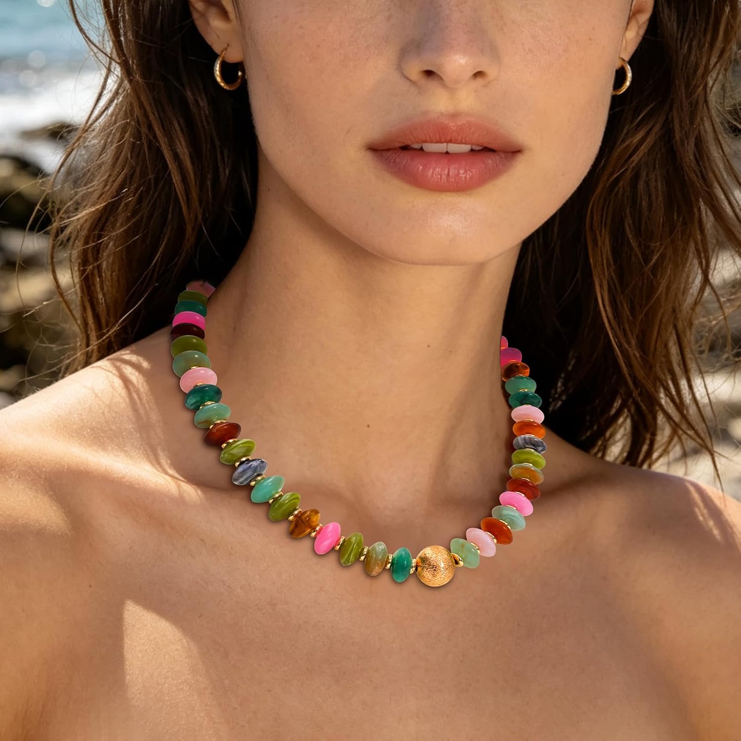 Colorful Chunky Beaded Necklace for Women Unique Resin Beads Choker Necklaces Boho Statement Necklace Summer Vacation Jewelry
