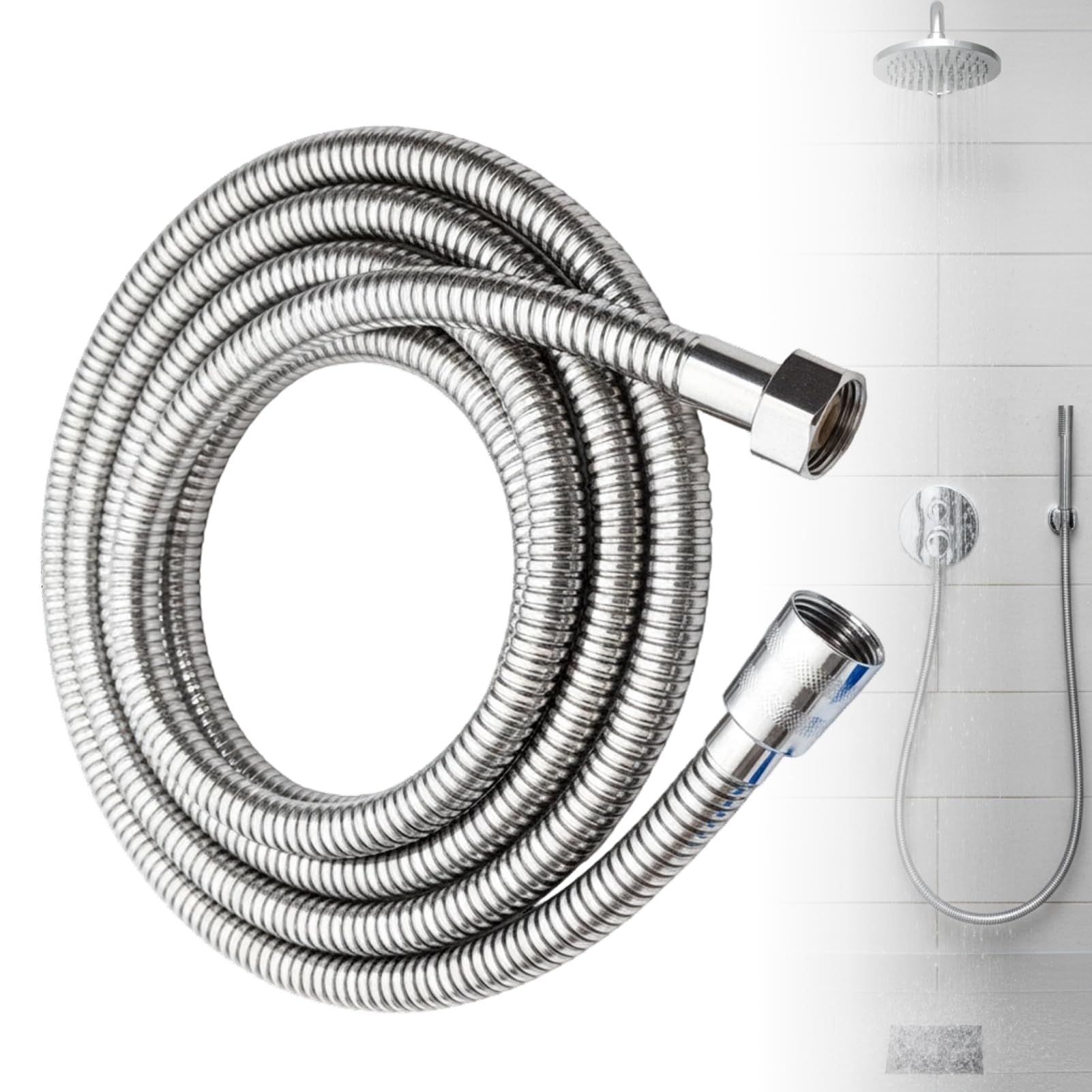 Universal 2M Shower Hose Replacement, Extra Long Stainless Steel Flexible Shower Head,Anti-Kink with Chrome Finish, High Pressure PVC Inner Tube and Leakproof Brass Connectors with 2 Washers