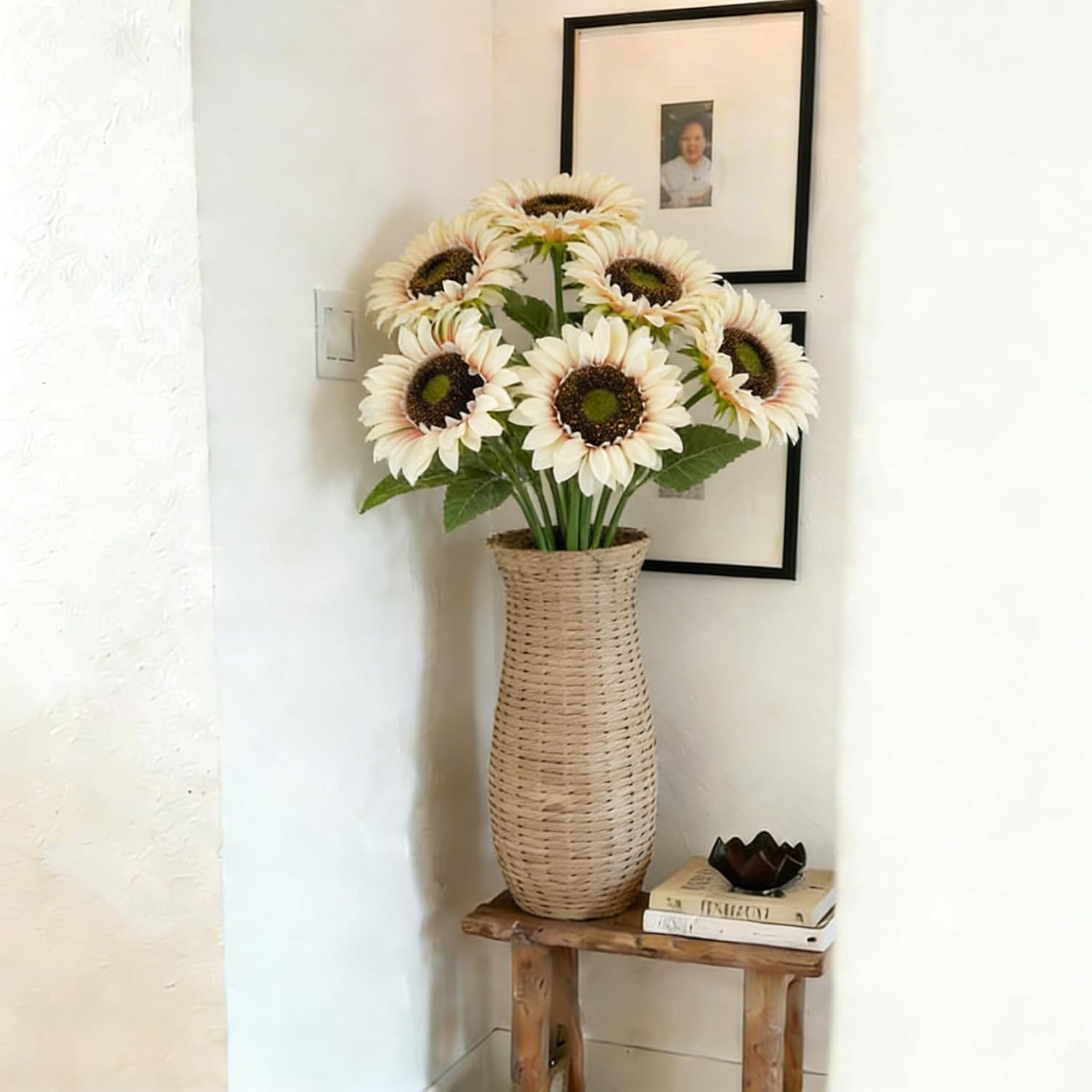 HUAESIN 12 Pcs 26" Sunflowers Artificial Flowers Long Stem White Fake Sunflowers with 6" Large Heads Realistic Silk Flower Arrangements for Indoor Outdoor Table Home Decor Garden Entryway Farmhouse