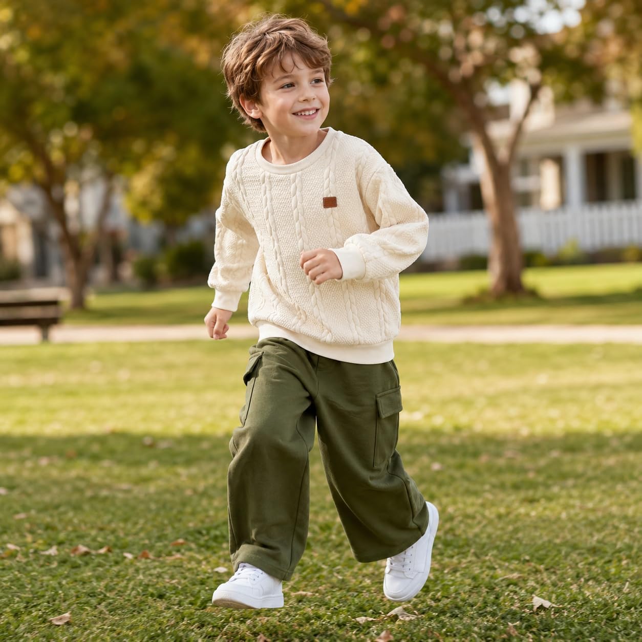 Boys 2 Piece Fall Outfits Crew Sweatshirt & Pocket Cargo Pants Sets