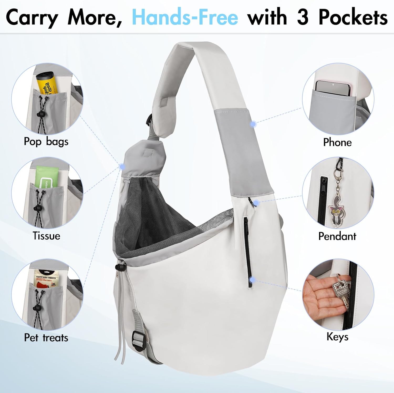 Dog Carrier Sling, Dog Carriers for Small Dogs & Cats with Pockets, Puppy Carrier Sling 15 lbs Machine Washable, Adjustable Shoulder Strap, Hands Free for Family Outdoor Use (Grey)