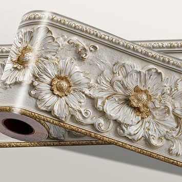 White Gold Embossed Floral Wallpaper Border 196x4 Inch Vintage Baroque Flower Wall Border Peel and Stick Decorative Trim for Living Room Bedroom Bathroom Kitchen Elegant Classic Home Decoration