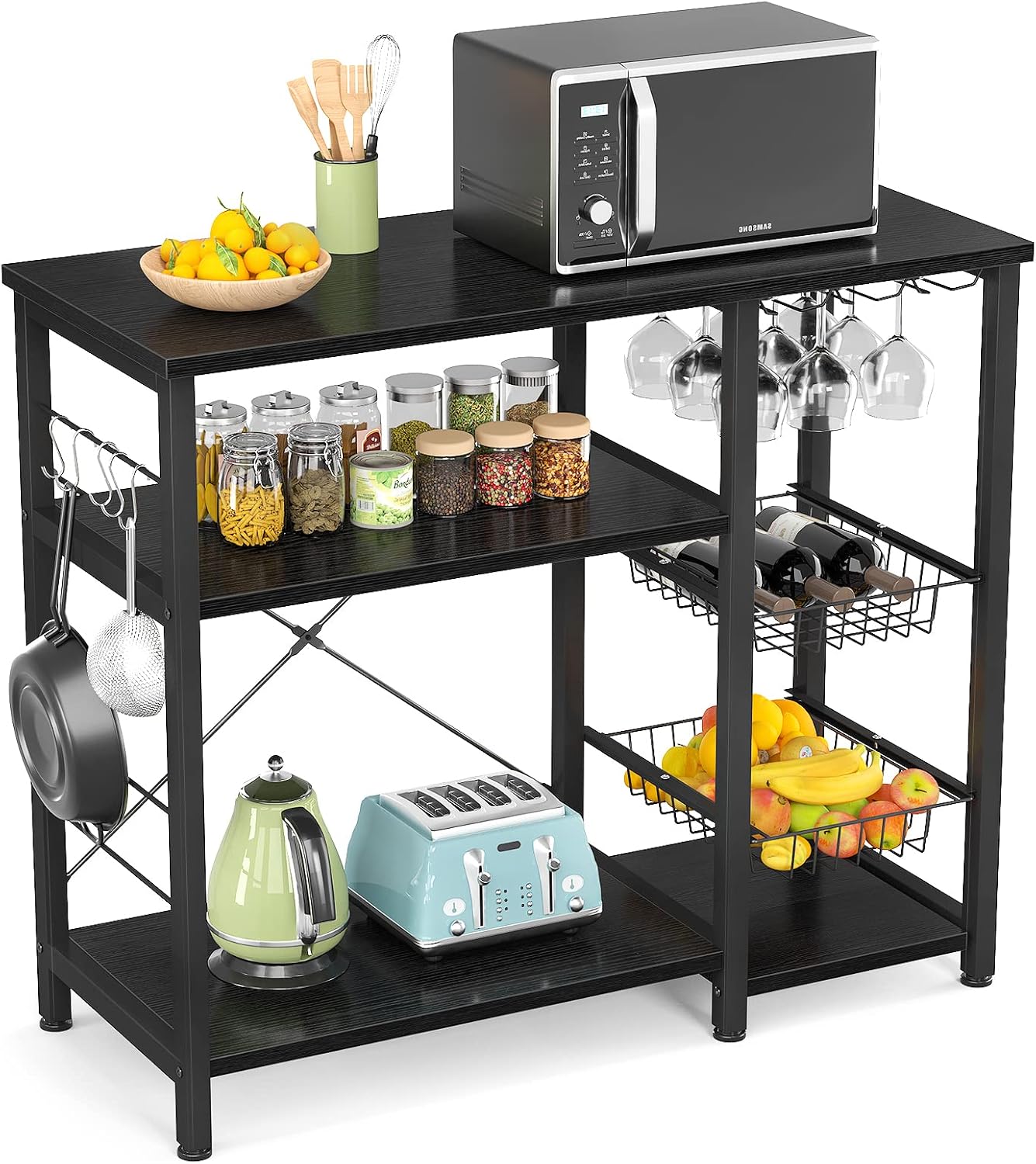Ecoprsio Bakers Rack, 35.5 Inch Coffee Bar Cabinet with Wine Glass Holder, 4-Tier+3-Tier Microwave Stands Storage, Utility Kitchen Island Rack with 5 Hooks, Black