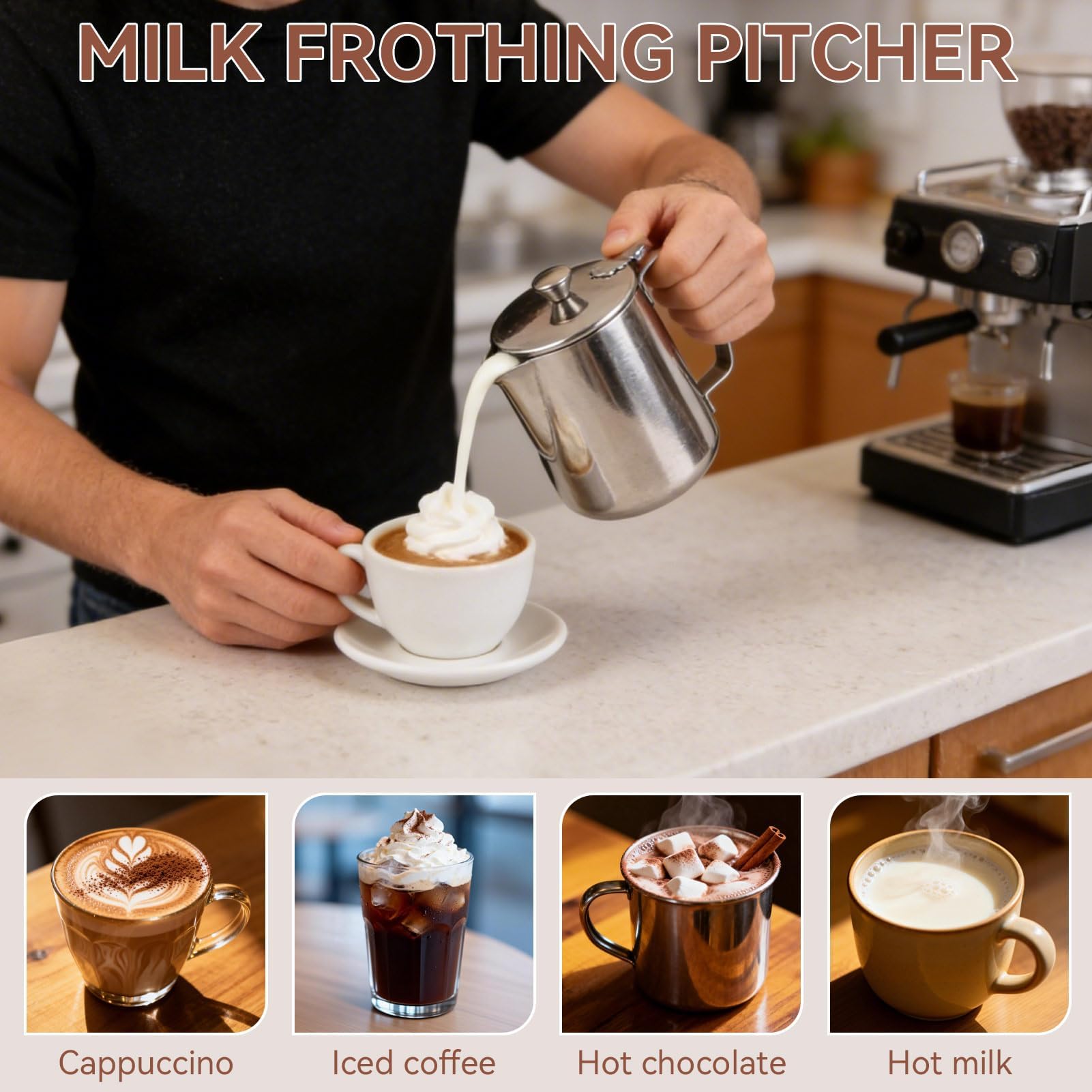 Brocca per schiumalatte, in acciaio inox, con coperchio, per latte e caffè, con coperchio, per latte e caffè (600 ml)