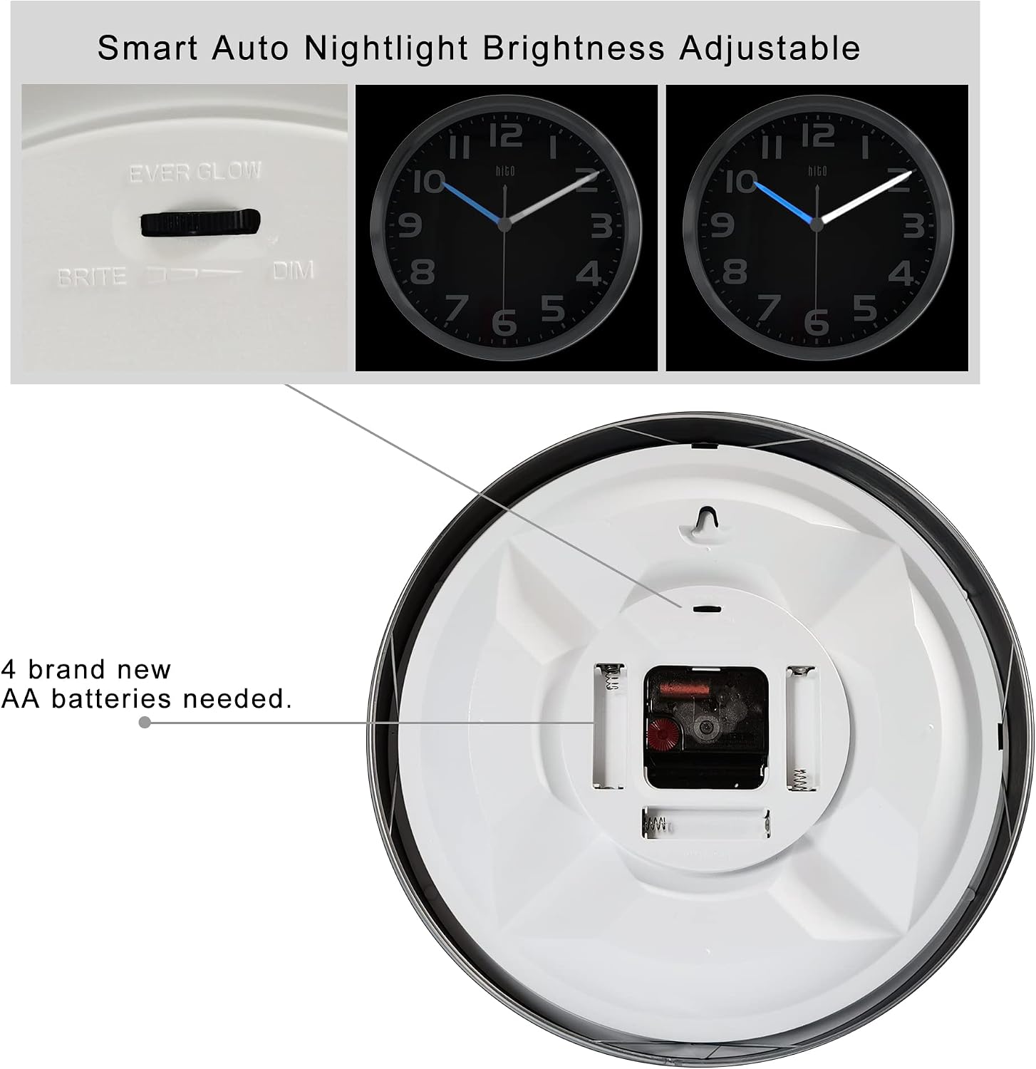HITO 12” Night Light Wall Clock Glow in The Dark for Bedroom Silent Wall Clock Battery Operated for Living Room Kitchen Decor, Brightness Adjustable, Metal Frame, Glass Cover (Hands Illuminate)