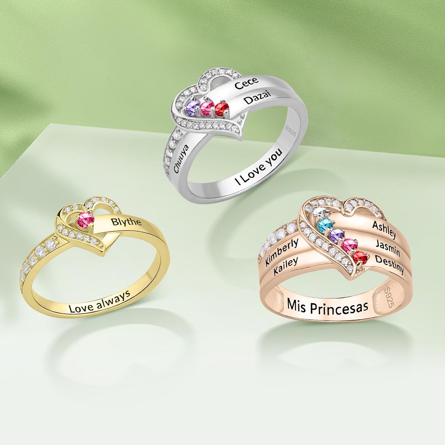 925 Sterling Silver Personalized Mothers Ring with 1-6 Birthstones Names Custom Heart Promise Ring Family Birthstone Rings for Women Mother's Day Jewelry Gift for Mom Grandma