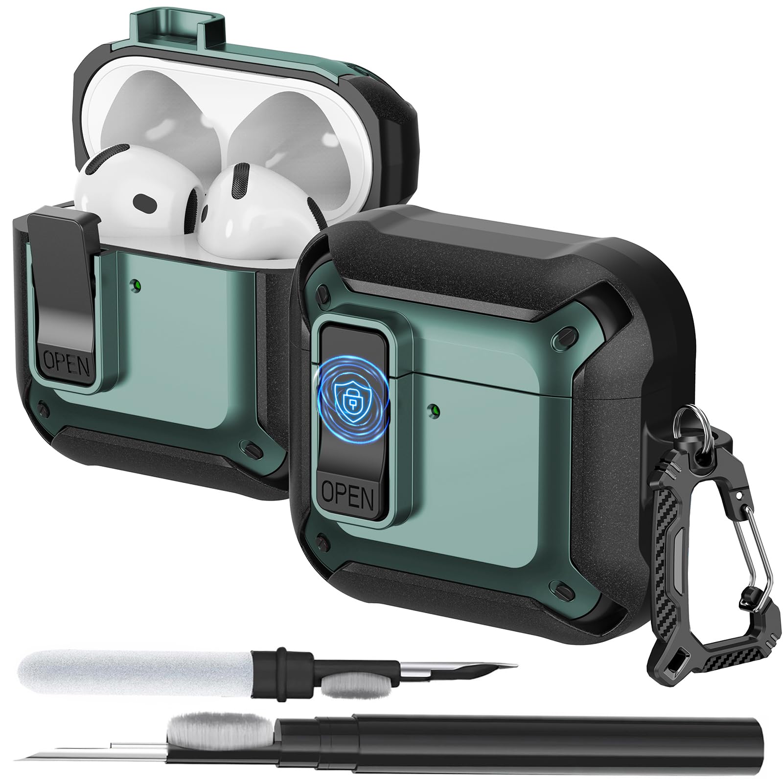 OTOPO Compatible with AirPods 4 Case Cover with Cleaner Kit, Secure Lock Clip Cool Rugged Case for Airpods 4th Generation 2024, Hard TPU Protective Cover for New Airpod 4 Charging Case Green