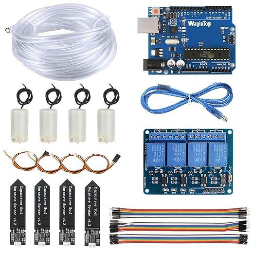 Upgrade Automatic Irrigation DIY Kit Self Watering System for Garden Plant, Development Board + 4pcs Soil Moisture Sensor + 4 Channel Relay + 4pcs Water Pump + 5M Vinyl Tubing + Jumper Wire