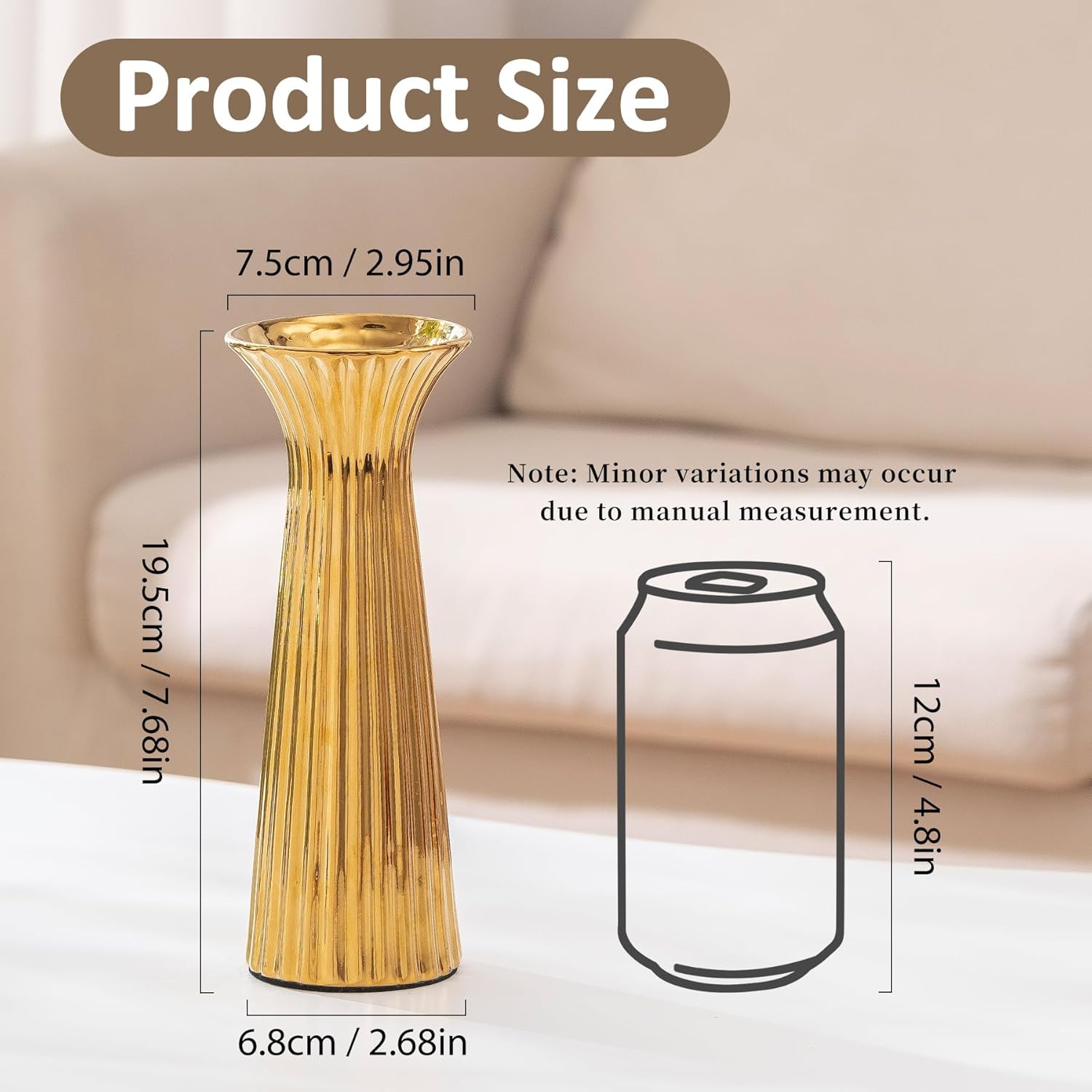 SURE YUESI 7.68” Gold Ribbed Ceramic Vase, Minimalist Farmhouse Vase for Pampas Grass, Centerpiece, Coffee Table, Kitchen, Office & Home Decor