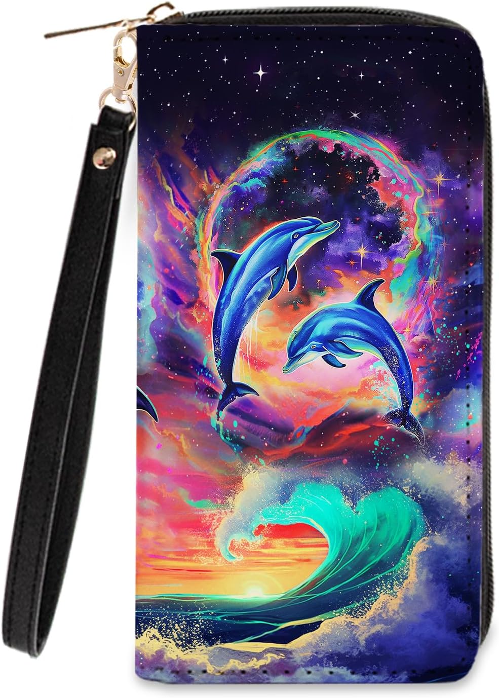 Ocean Lovers Gift Womens Wallet - Small Slim PU Leather Wallet for Women with Zipper Coin Purse, Credit Card Holder Travel Wallets, Wristlet Wallets for Female Teen Boys Girls (Dolphin Themed Present)