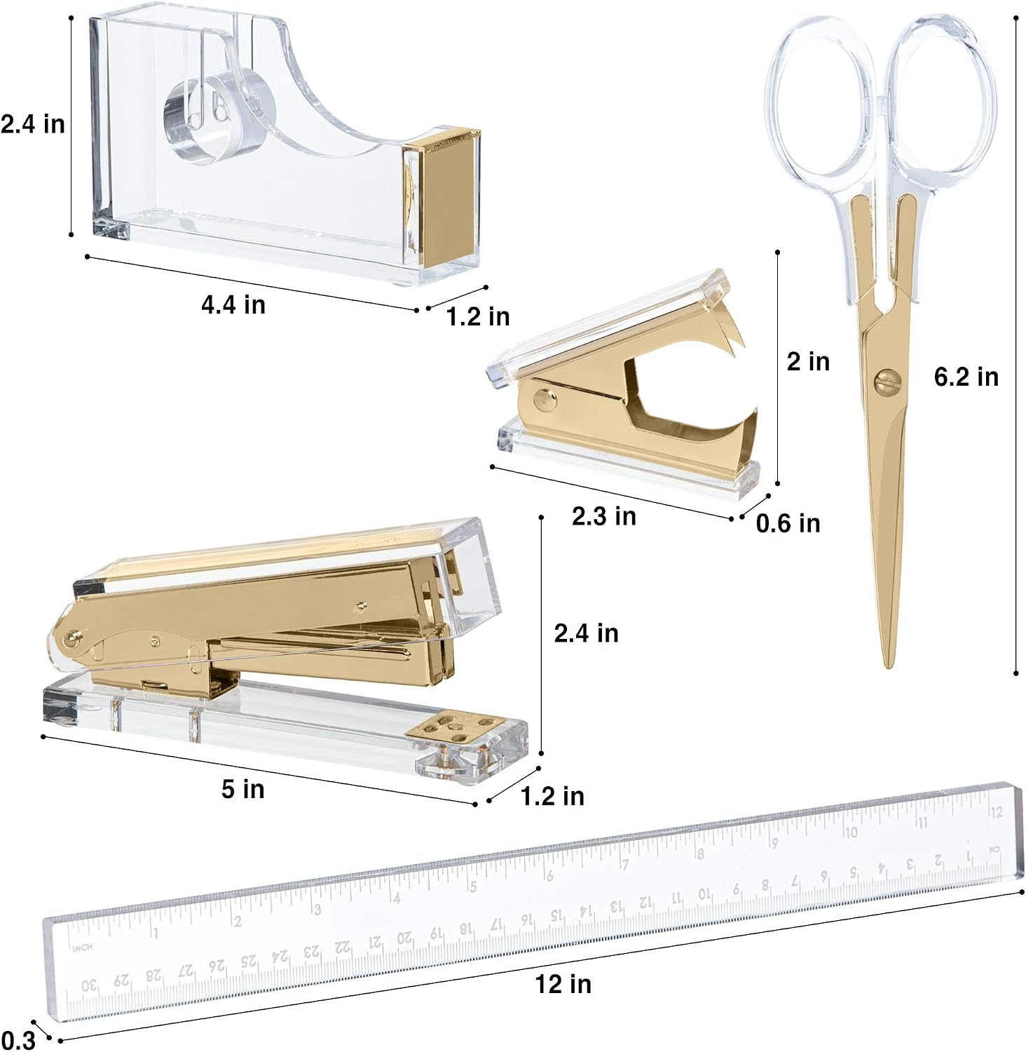 Gold Acrylic Lucite Bundle | Premium Stapler, Tape Dispenser, Scissors, Staple Remover, & Ruler | Clear Stationery & Desk Accessories for Everyday Office Needs | Modern, High End, Chic, Luxury Goods