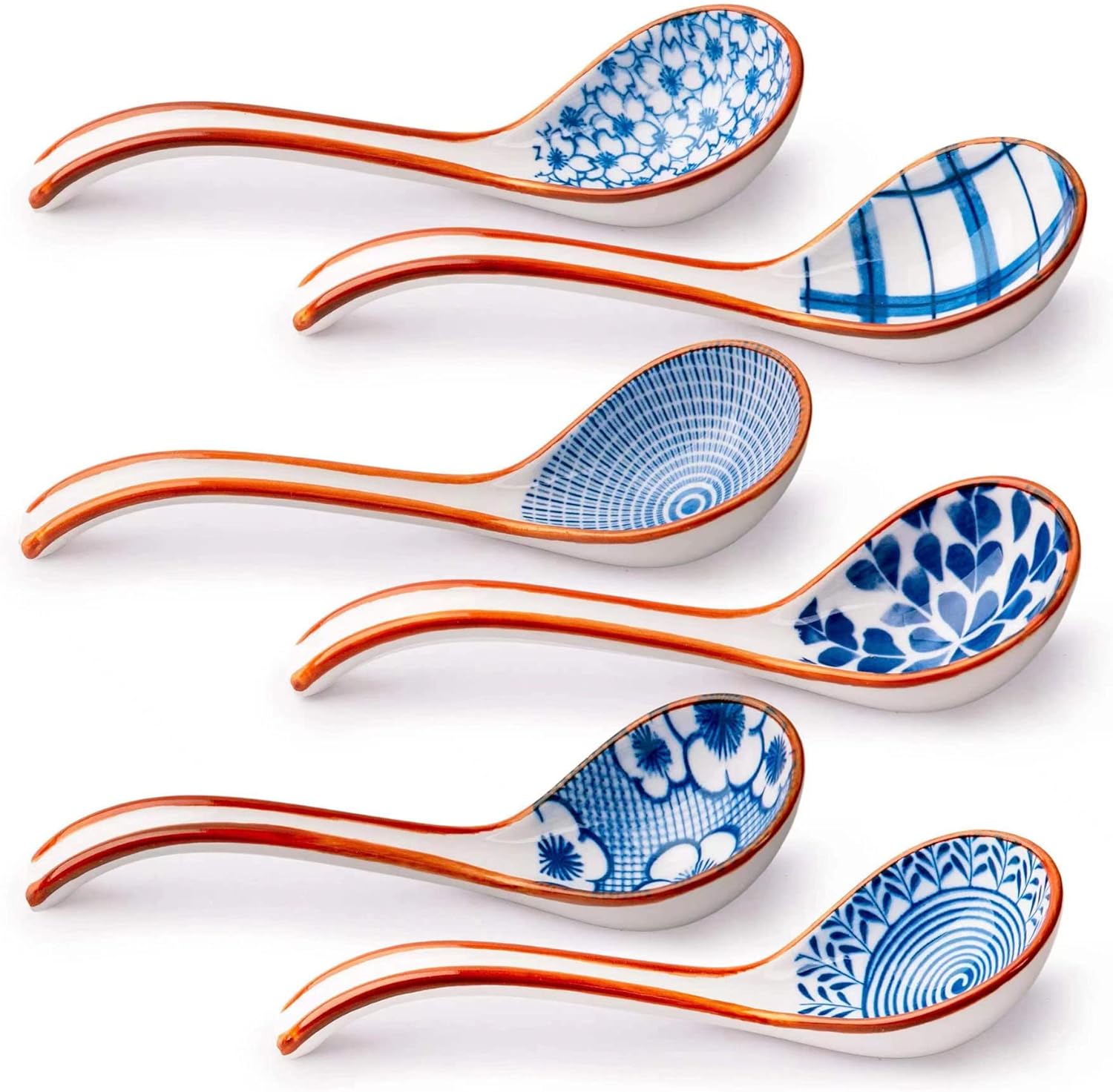 Asian Soup Spoon Set of 6, Ceramic Chinese Soup Spoons Long