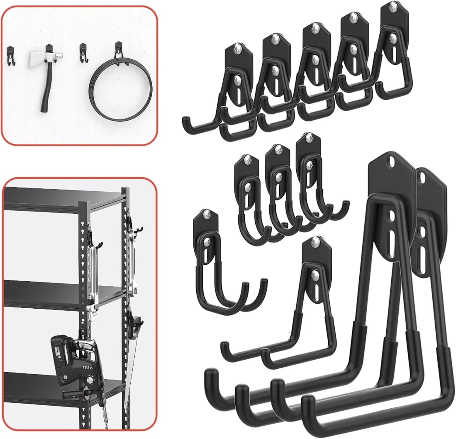 WALMANN 12 PCS Garage Storage Hooks, Wall Mount Utility Hooks for Tools, Ladders, Cords, Folding Chairs, Shovels and Rakes, Shelving Hooks for Keyhole Shelving Units(Black)