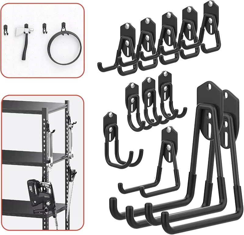 WALMANN Garage Storage Hooks, Wall Mount Utility Hooks for Tools, Black | Wall hooks for Ladders, Cords, Folding Chairs, Shovels and Rakes, Shelving Hooks for Keyhole Shelving Units