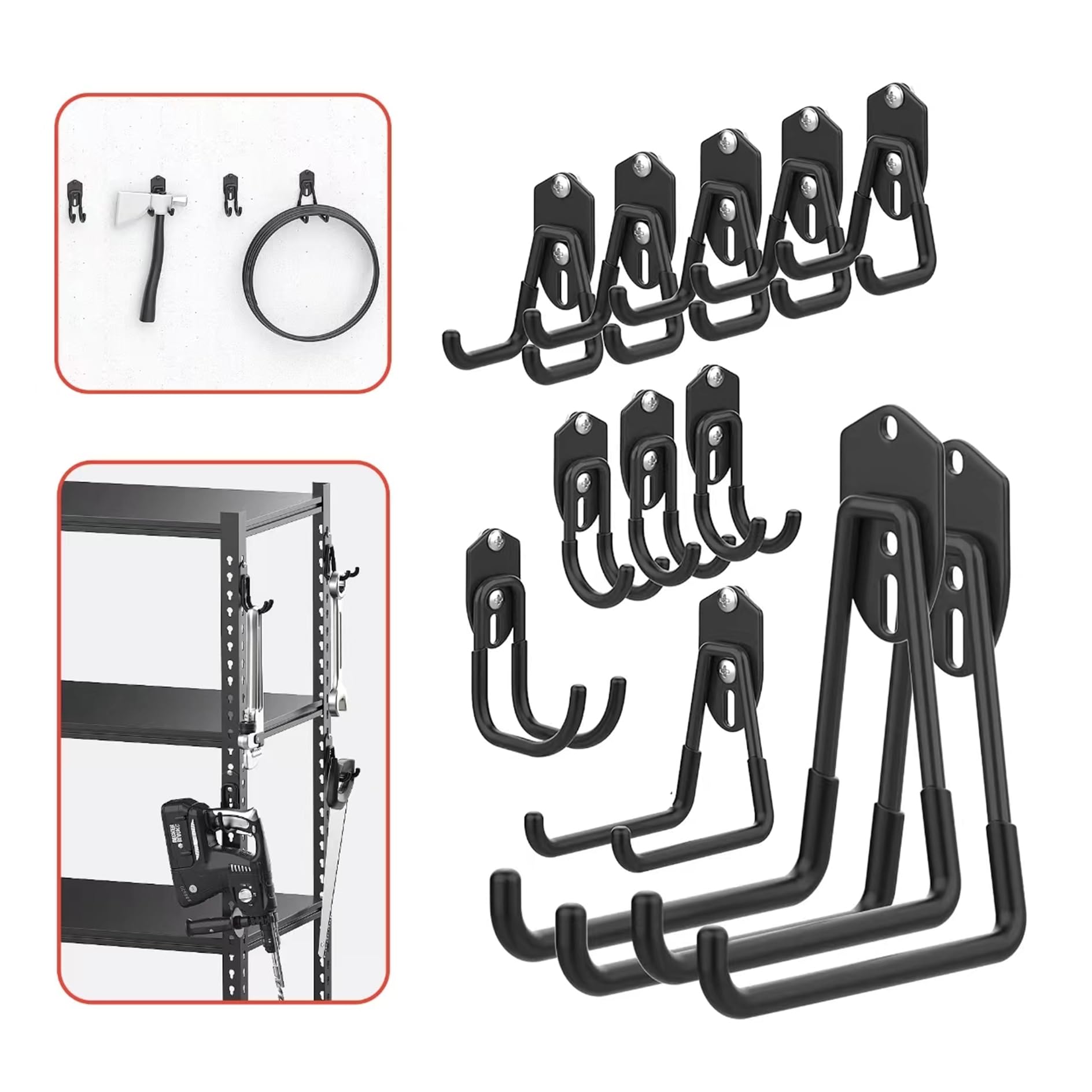 WALMANN 12 ganchos de almacenamiento de garaje, ganchos de montaje en pared para herramientas, escaleras, cables, sillas plegables, palas y rastrillos, ganchos de estantería para estanterías (negro)