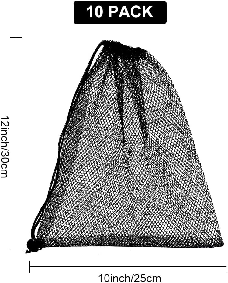 10pcs Mesh Drawstring Bag 10 x 12 inch Black Small Bags With Pull Rope Thicken Portable Storage Bags Outdoor Mesh Organizer Bag for Travel Hike Sports Diving Beach Collecting playthings