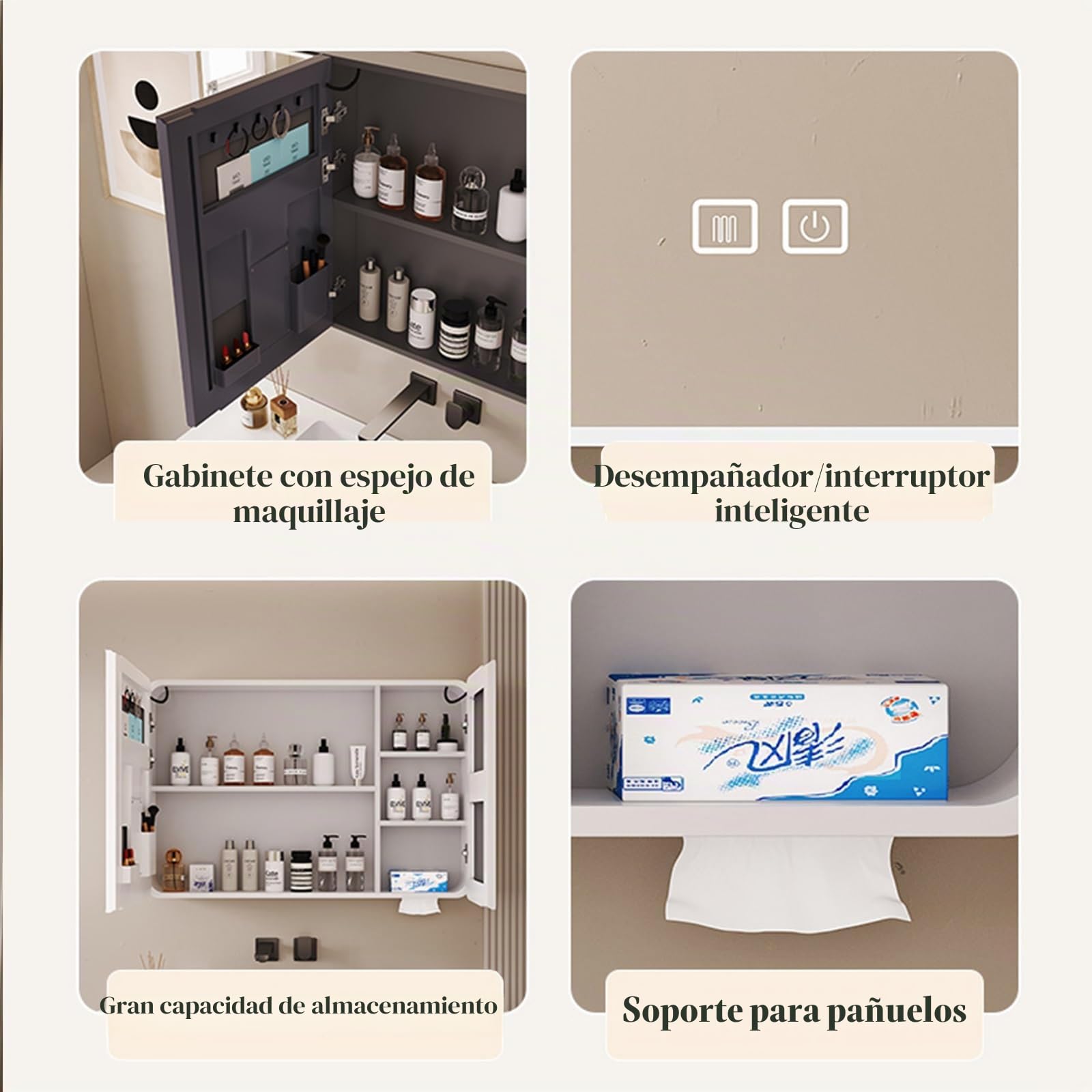 Armario Espejo de Baño Con Luz, Almacenamiento Y Antivaho - Montaje en Pared Con Enchufe (Blanco, 70cm/27.6in)