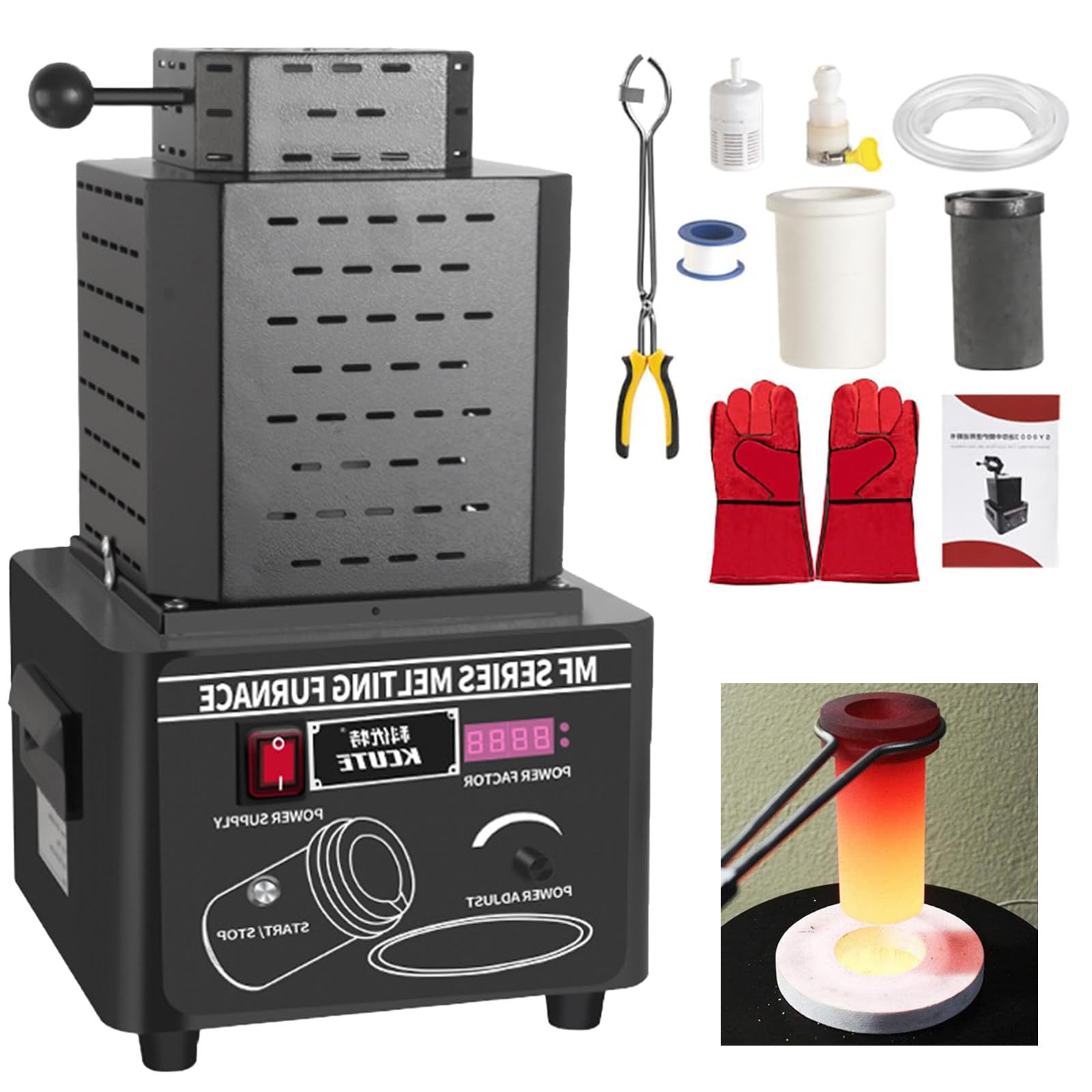 SENJINGHUA Electric Gold Melting Furnace, 1600℃ /2912℉ Digital Melting Furnace Machine, Metal Casting Kit With Graphite Crucible, 5000W Smelting Furnace, Smelting Time 3-5 Minutes Black-3kg