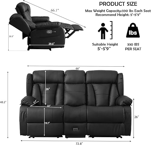 Miniatura 2 de Sofá biplaza reclinable manual de 72.8 pulgadas, sofá biplaza reclinable doble con consola, mesa plegable y salidas integradas, silla reclinable