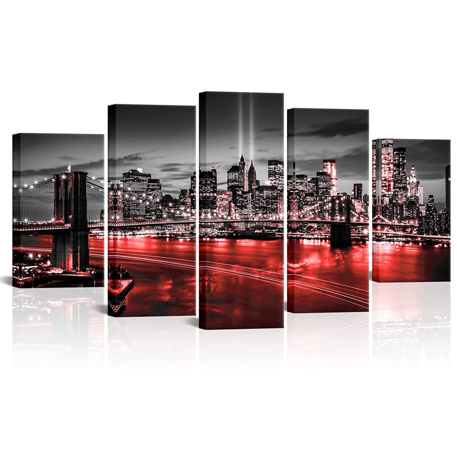 Conipit New York Brooklyn Bridge Canvas Wall Art Black and White New York City Painting Big NYC Skyline Pictures Cityscape Artwork for Living Room Bedroom Modern Home Decor Framed 60''x32'' (Red)