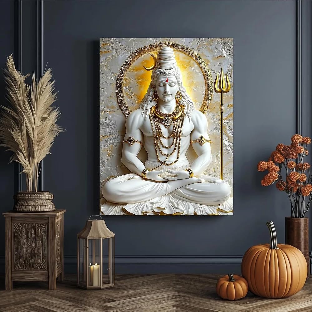 Prints On Canvas Painting Lord Shiva Krishna Poster, White Golden Theme Wall Art Hindu Spiritual Picture Interior Decor(30x45cm)