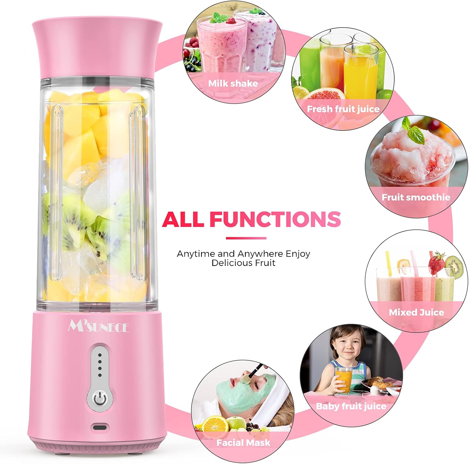 MOSUNECE Portable Blender, 17 Oz Personal Blender for Shakes and Smoothies, Fruit Juice, Mini Blender with Stainless Steel Six Blades, 4000mAh Battery, USB Rechargeable Mixer for Sports, Office,Travel, Gym（Pink）: Home & Kitchen