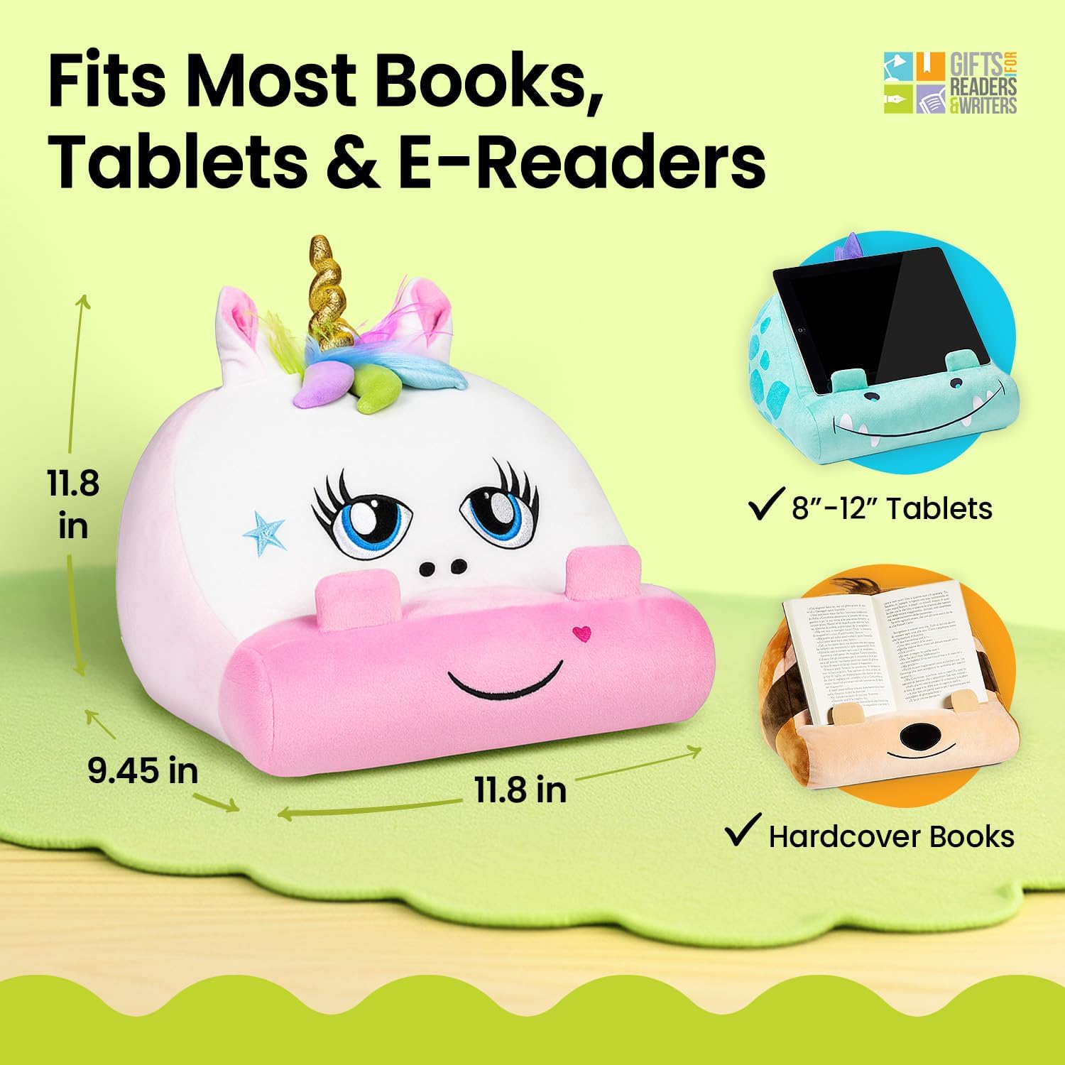 Gifts for Readers & Writers Tablet & Book Stand for Kids, Soft Reading Pillow, Book Holder with Pockets for Storage, Suitable for eReader/iPad/Kindle or Galaxy Devices, Cuddly Reader Unicorn