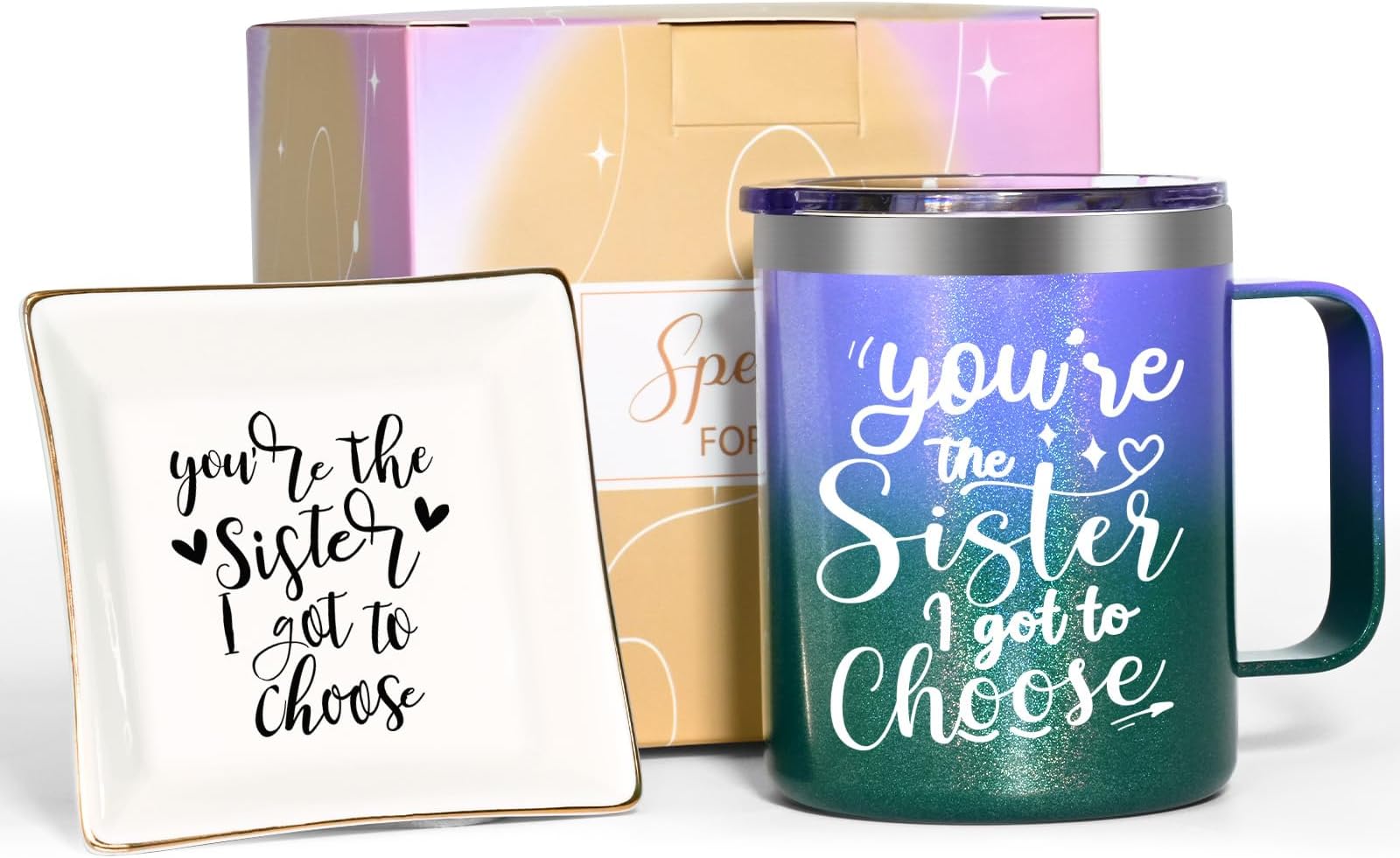 Lifecapido Sister Gifts, You'Re The Sister I Got To Choose Insulated Coffee Mug with Jewelry Plate 12 oz, Best Friend Friendship Gifts Birthday Christmas Gifts Bestie Gifts for Women Sister, Gradient
