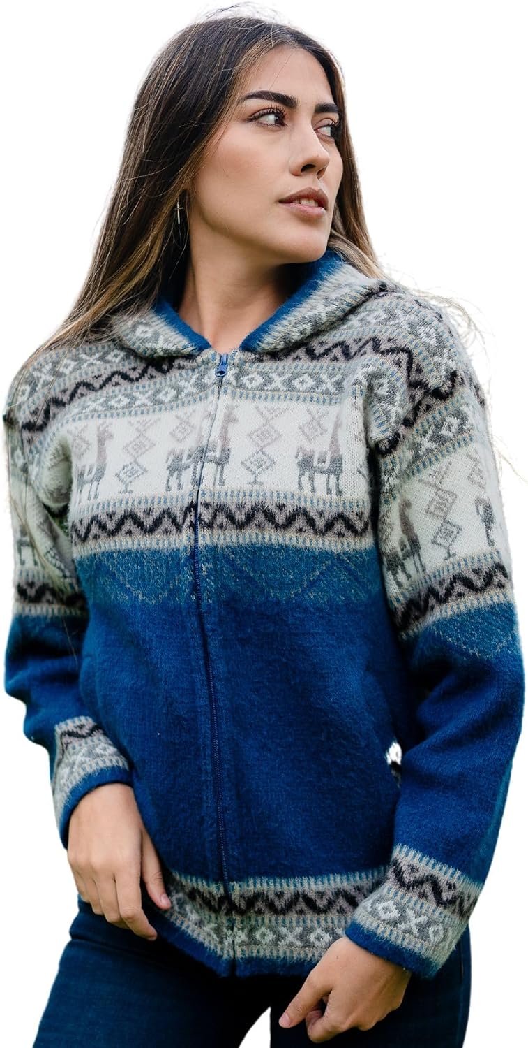 Womens Alpaca Zip Up Hoodie Sweater – Soft Warm Knit Jacket with Hood – Boho Winter Cardigan for Women