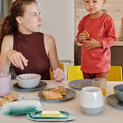 Miniatura 6 de Hasense Mantequillera con tapa, plato de mantequilla de cerámica con tapa para encimera, soporte de mantequilla de porcelana con diseño de mango