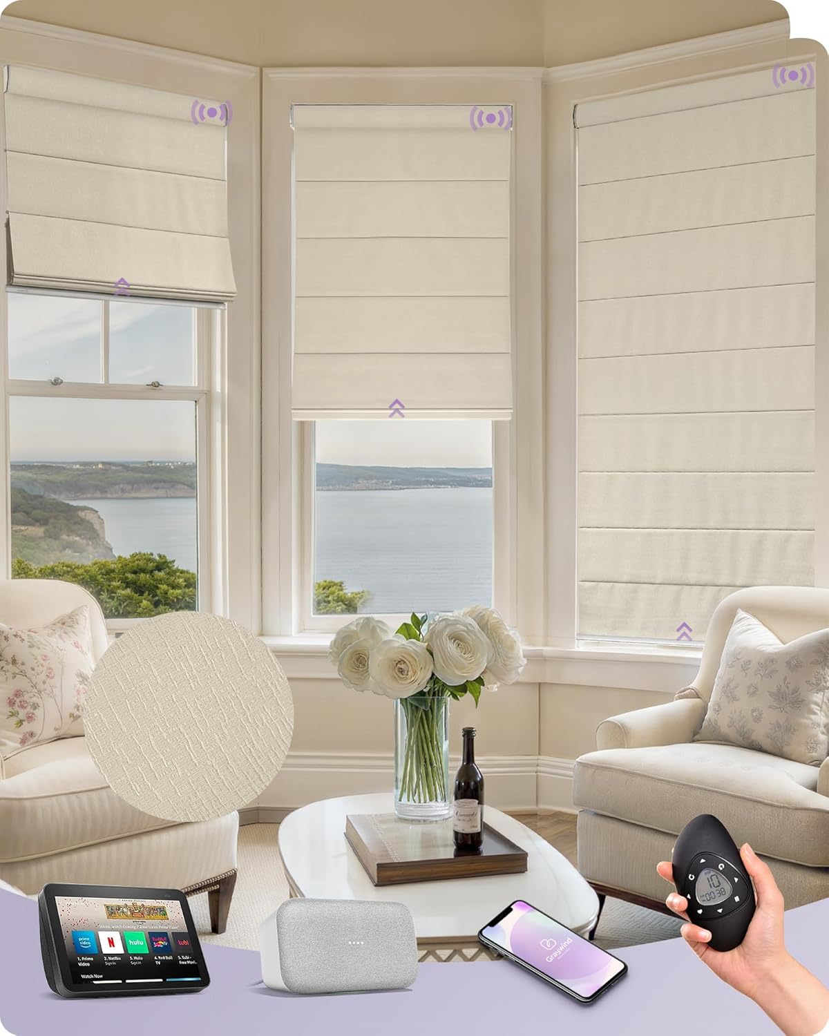 Graywind Smart Roman Shades 100% Blackout Compatible with Alexa Google Rechargeable Motorized Window Blinds Remote Control Room Darkening Plain Fold, Custom Size (Matelasse Beige)