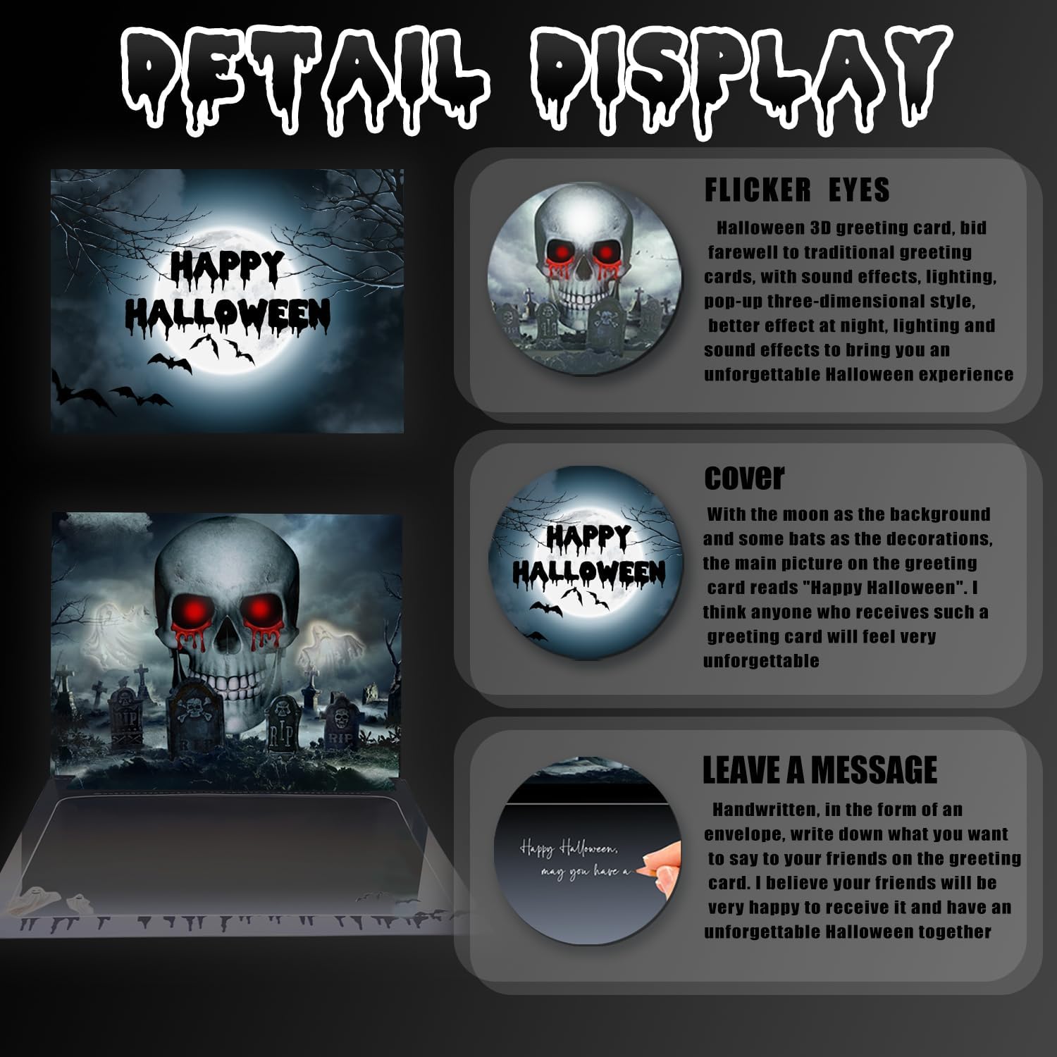 3D Greeting Pop Up Halloween Card with light and music, For Kids, Friend, Boyfriend, Girlfriend, Husband, Him, Women - Skull, Trick Or Treat, Ghost, Pumpkin Envelope - Image 4