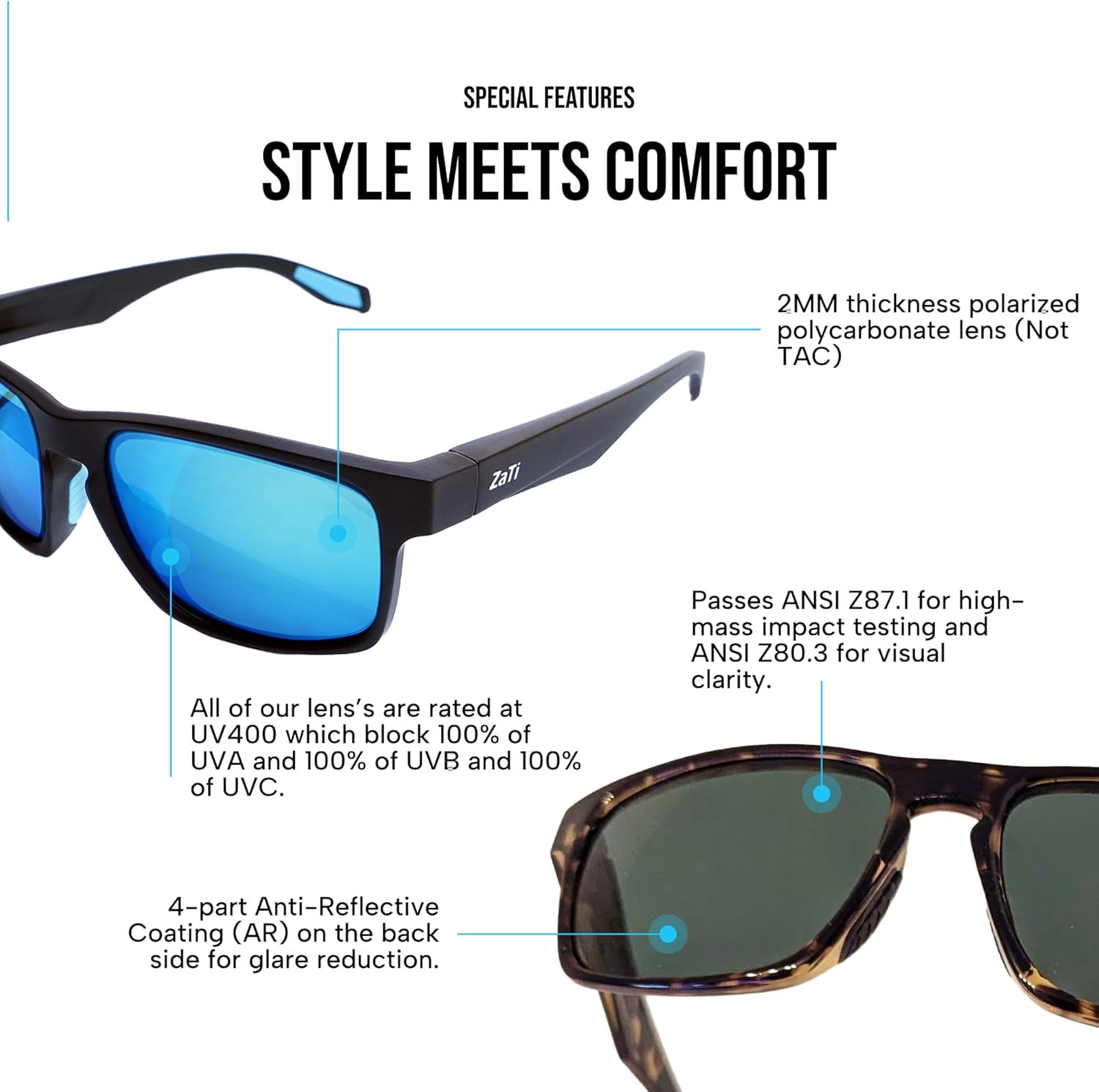 ZaTi Polarized Sunglasses with UV400 Protection, Category 3 Lenses, Shatter-Resistant Polycarbonate, Anti-Reflective Coating - Image 3