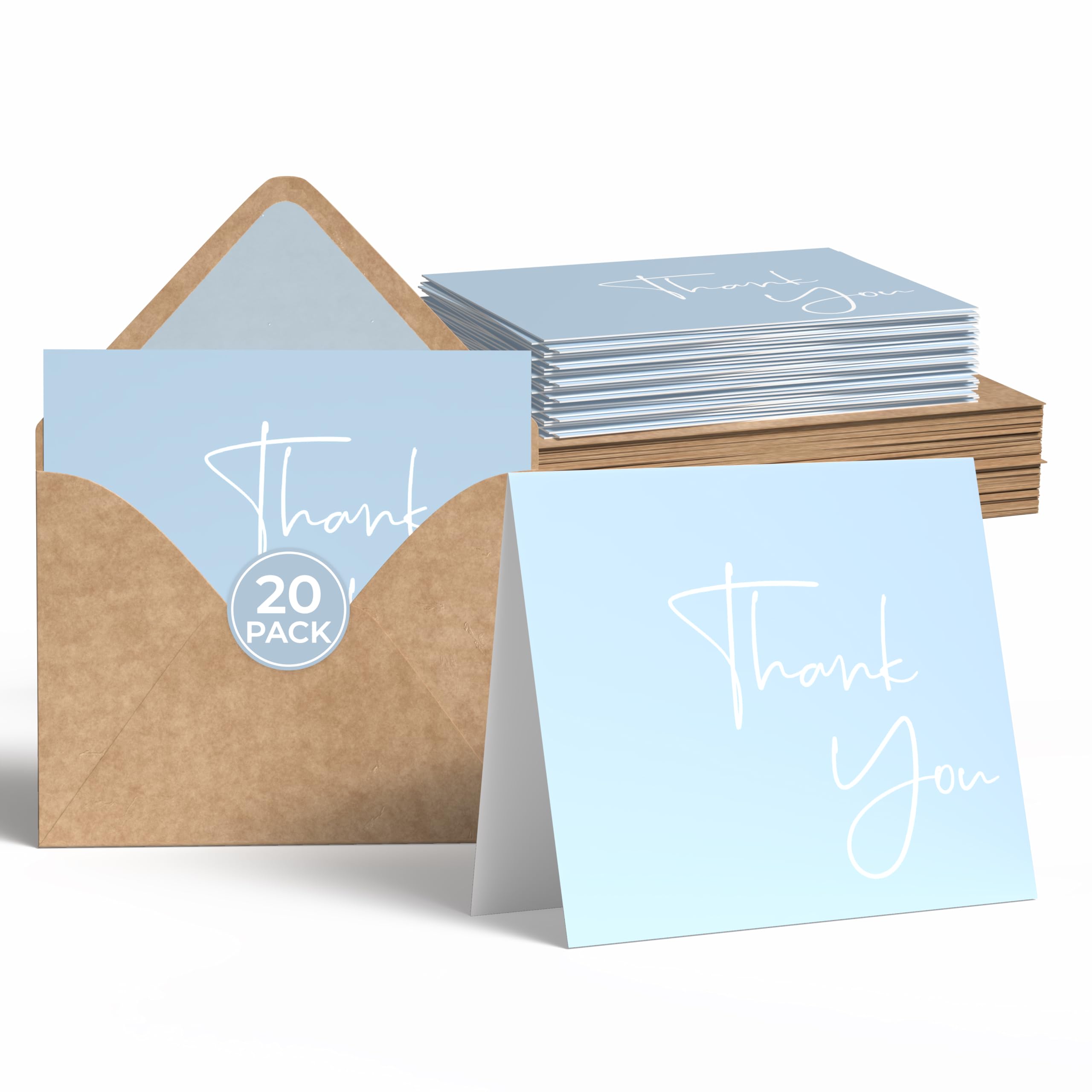 VNS Creations 20 Pack Thank You Cards With Envelopes, Stickers, 4x6 Inch Blank Thank You Notes - Bulk Box Set Large Notes for Graduation, Wedding, Small Business, Baby & Bridal Shower - Light Blue