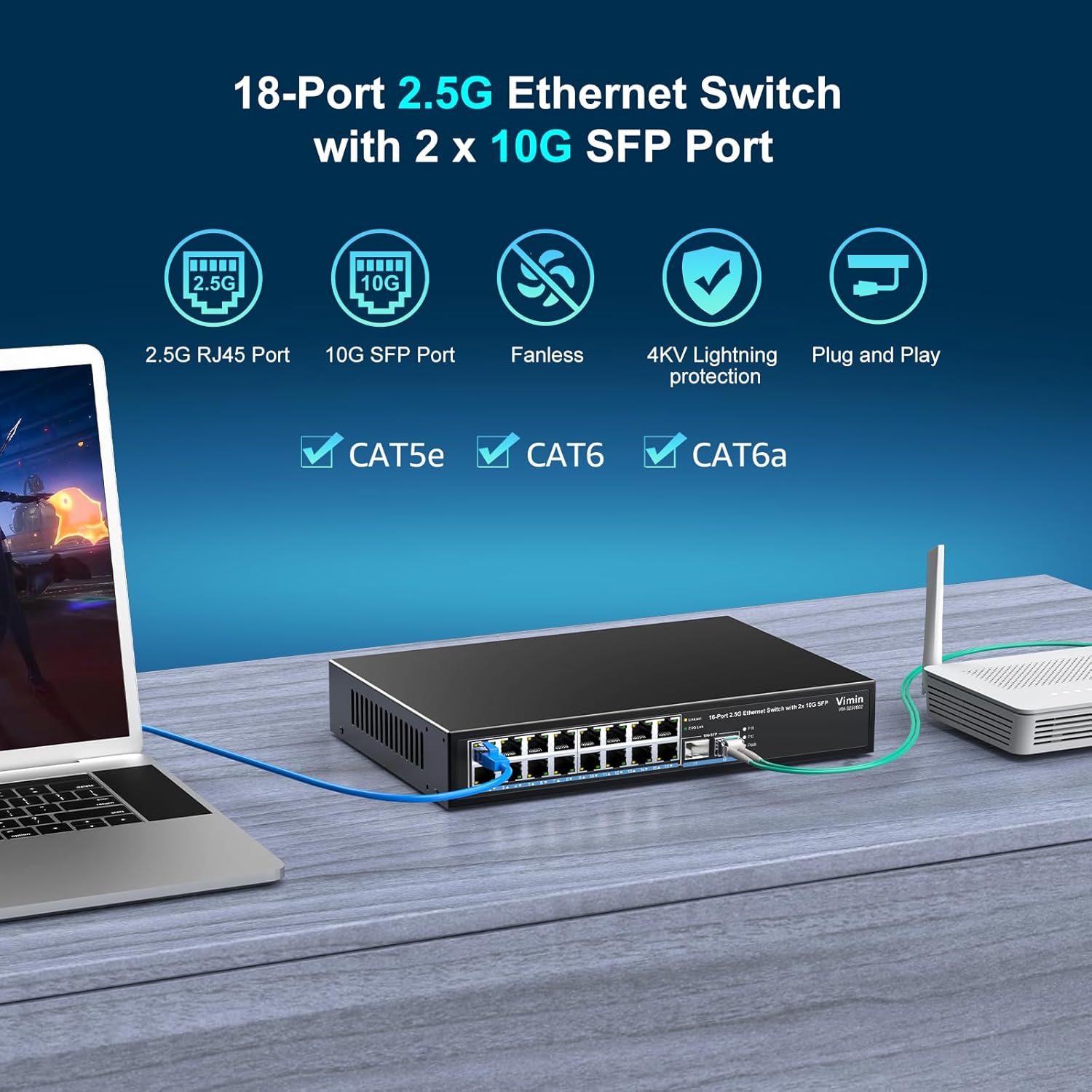 VIMIN 18-Port 2.5G Network Switch connected to a laptop and router