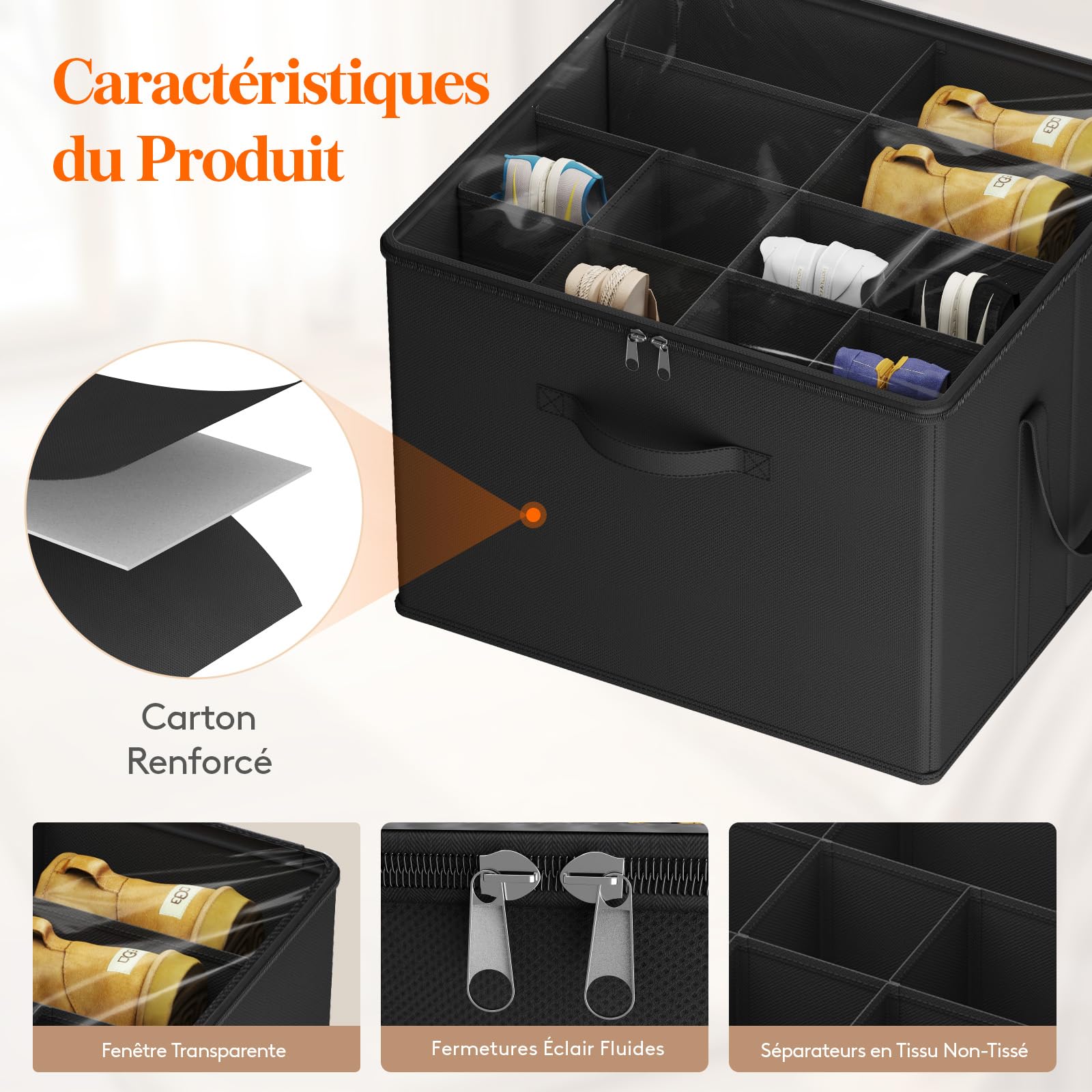 Lifewit Organisateur Chaussures pour Armoire, Boite Rangement Chaussures pour 12-16 Paires avec Couvercle Transparent, Shoe Organizer Pliable avec Séparateurs, 43 x 43 x 31 cm, Noir, Lot de 2