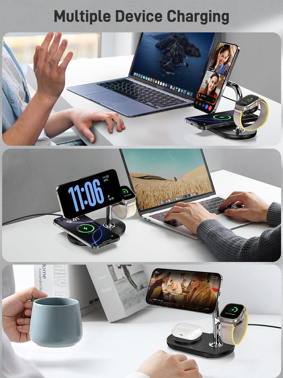 Indukcyjna stacja ładująca do Apple, 3 w 1, bezprzewodowa ładowarka do iPhone 17/16/15/14/13/12, MagSafe podwójna stacja ładująca do Apple Watch 10/9/8/7/6/SE, indukcyjna ładowarka do AirPods 4/Pro