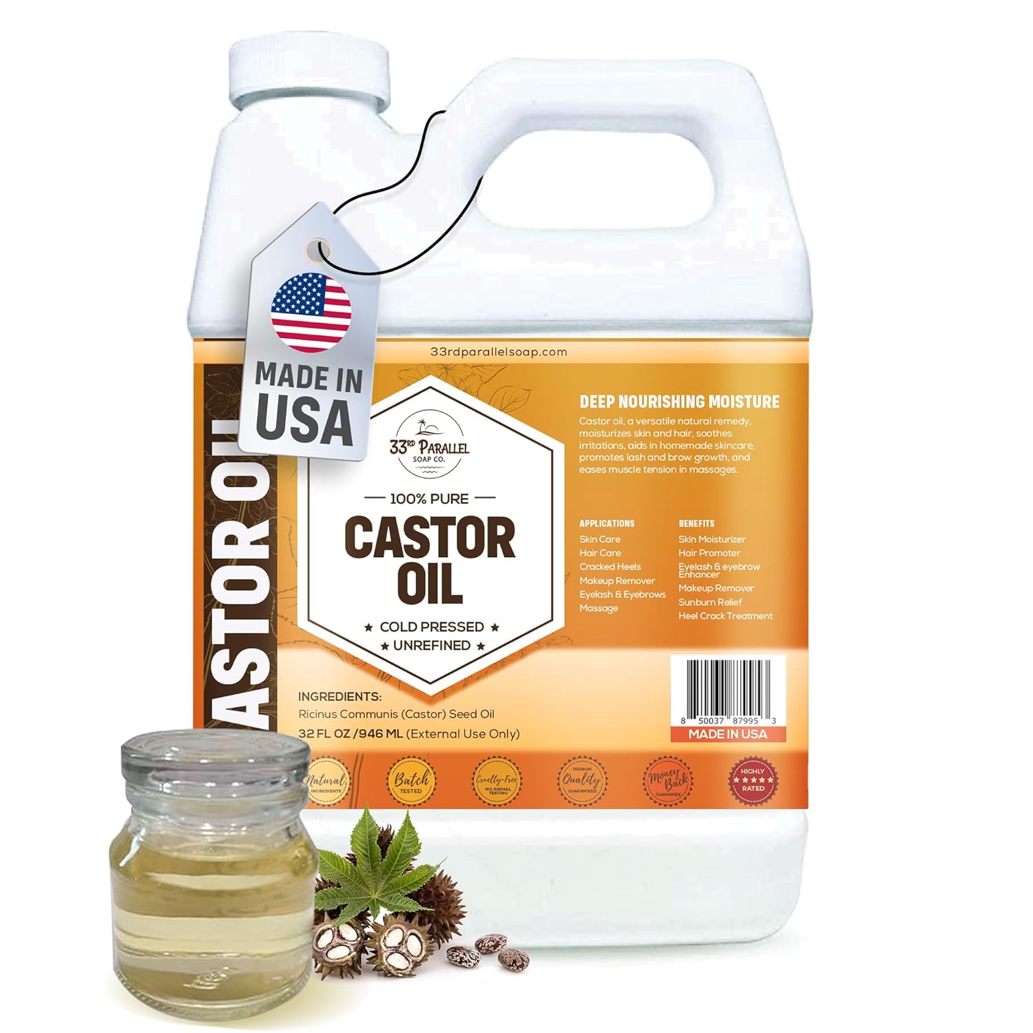 CASTOR OIL ( 32 oz ) Premium Cold Pressed Unrefined | 100% Natural Promotes Healthy Skin & Hair | Thickens Eyebrows Lengthens Eyelashes | Strengthens Nails Cuticles | Massage Oil | 32 FL OZ