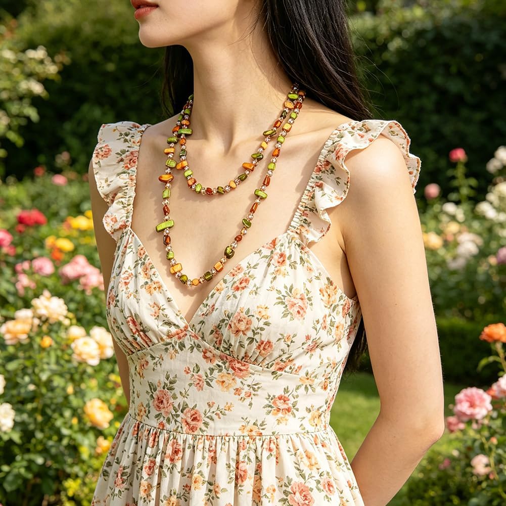 Layered Colorful Beaded Necklace Bohemain Crystal Natural Stone Long Necklace Stacked for Women Men Vinatge Trendy Summer Beach Jewelry Gift